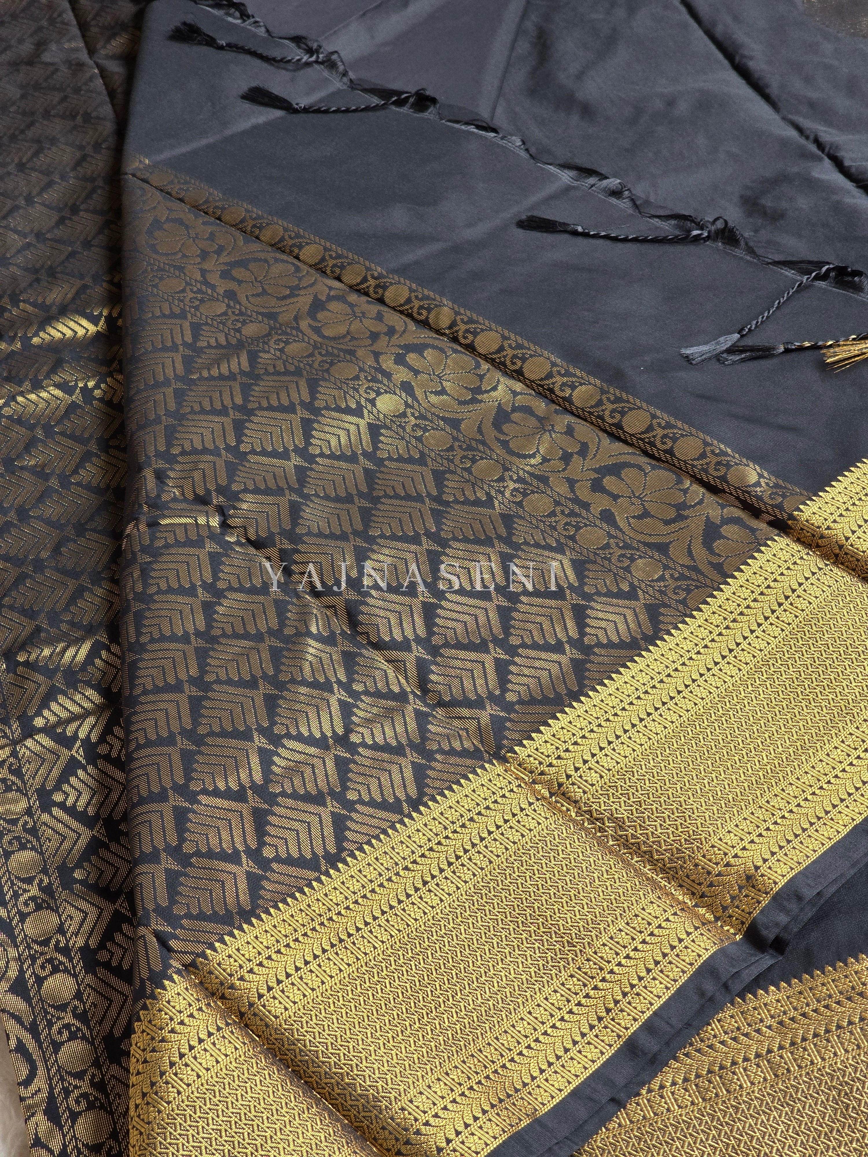 Semi Kanchi Silk x Gold Zari Saree - Black
