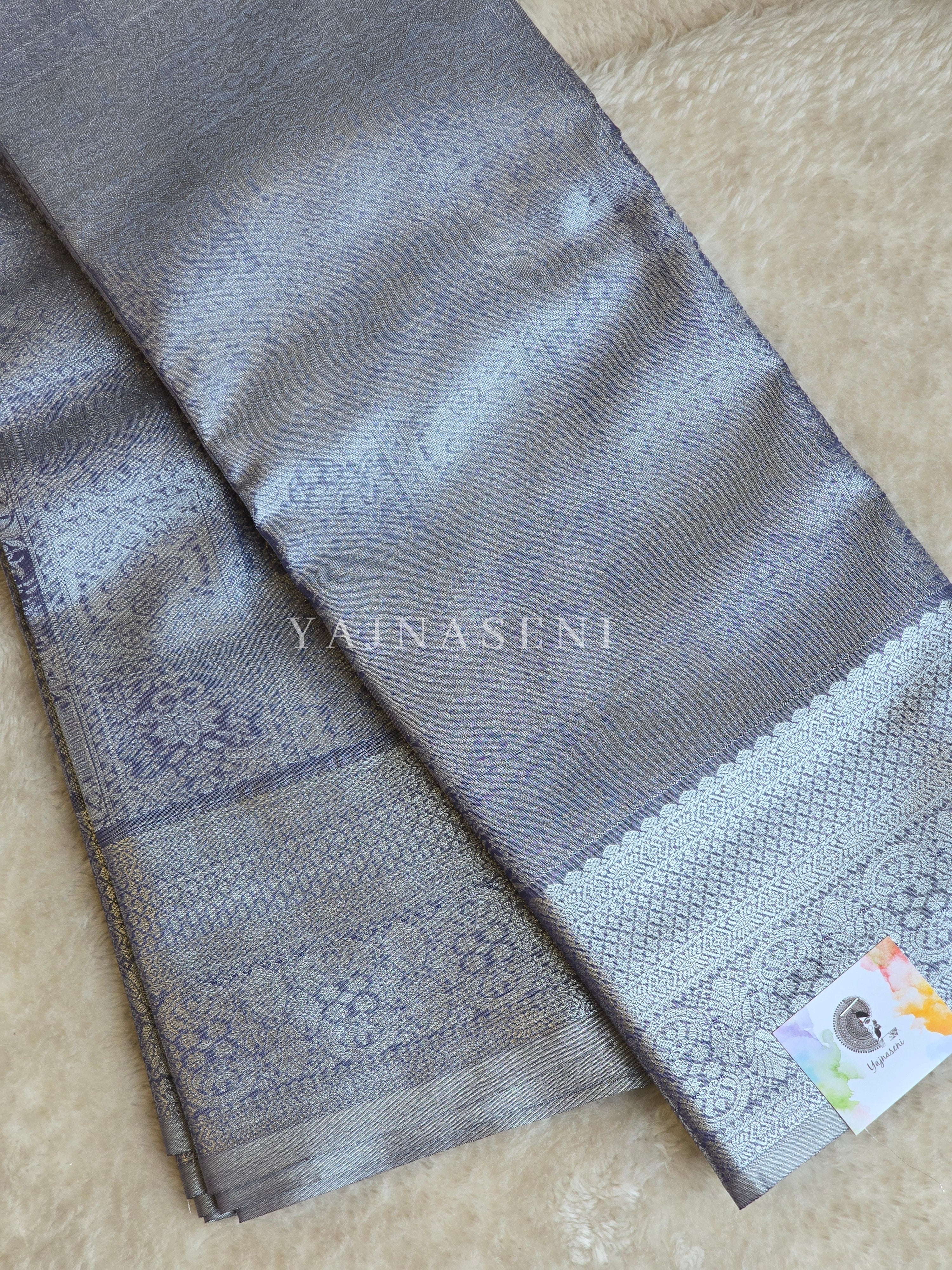 Semi Silk x Tissue Silver Zari Saree : Blue Grey