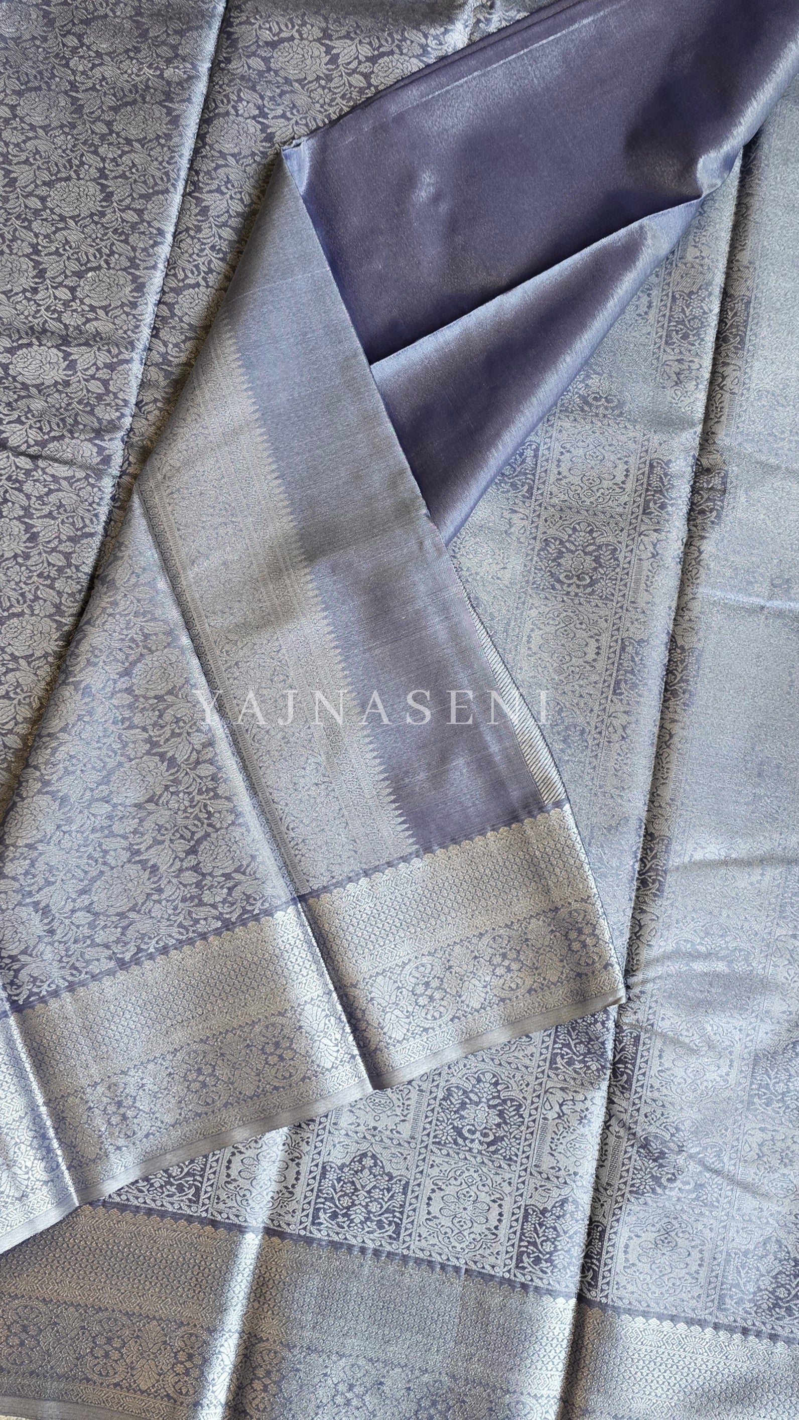 Semi Silk x Tissue Silver Zari Saree : Blue Grey