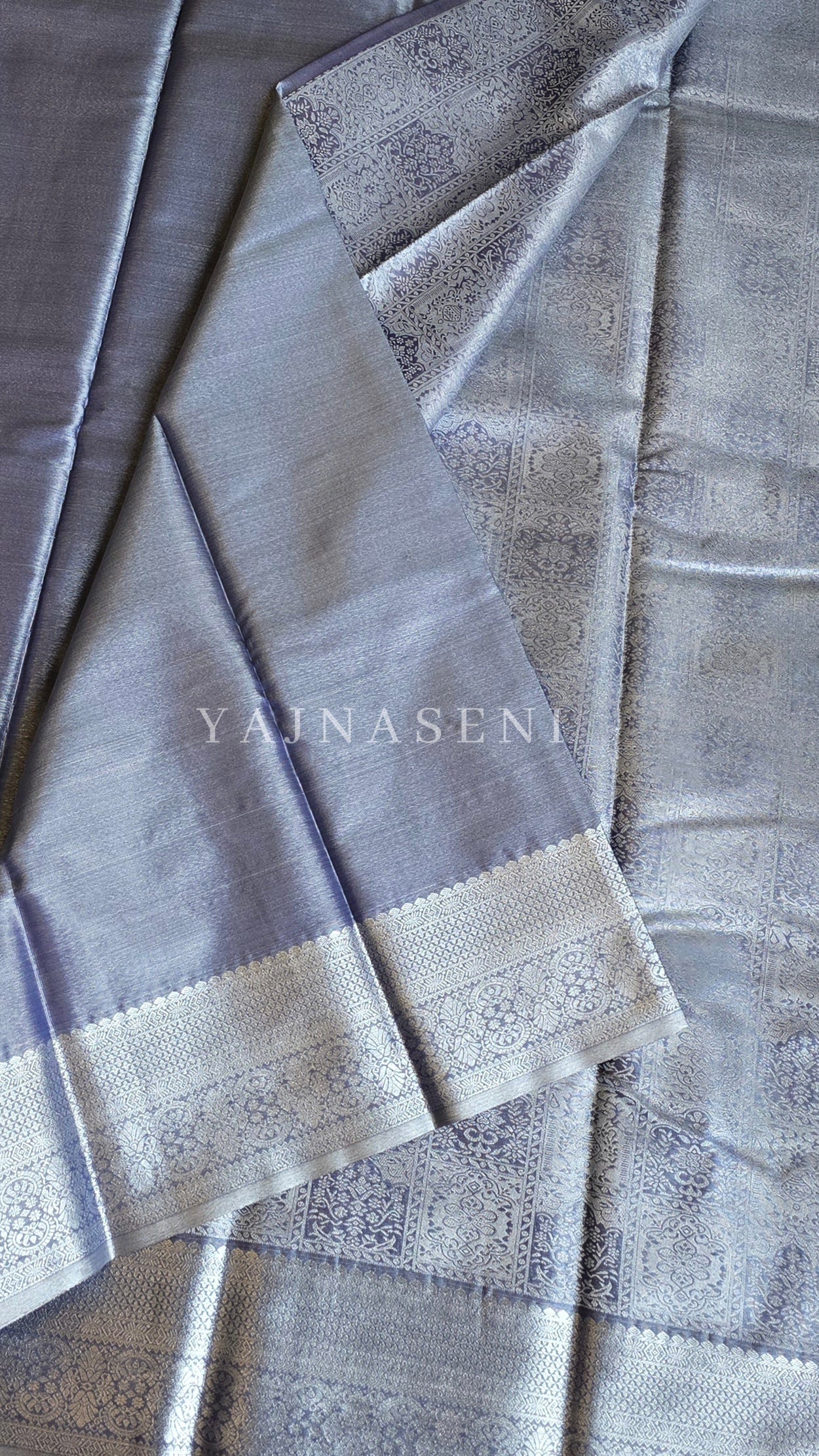 Semi Silk x Tissue Silver Zari Saree : Blue Grey