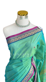 Load image into Gallery viewer, Chettinad Cotton Saree x Thin Border - Seafoam Green x Blue
