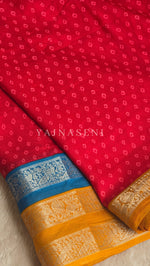 Load image into Gallery viewer, Georgette x Gold Zari Saree - Red x Blue x Deep Yellow
