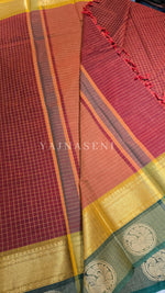 Load image into Gallery viewer, Chettinad Cotton Saree x Checkered - Maroon x Dark Green
