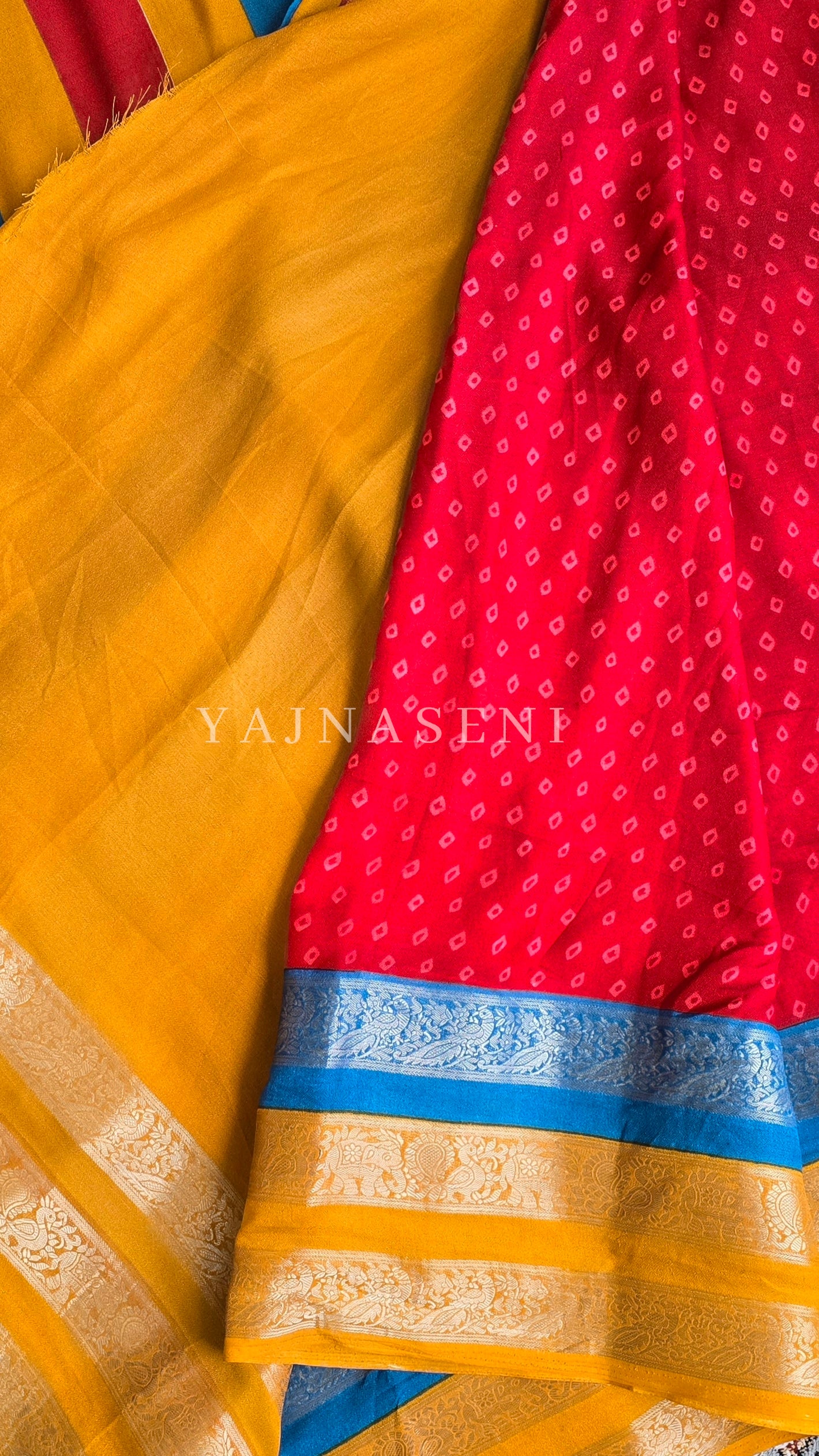 Georgette x Gold Zari Saree - Red x Blue x Deep Yellow
