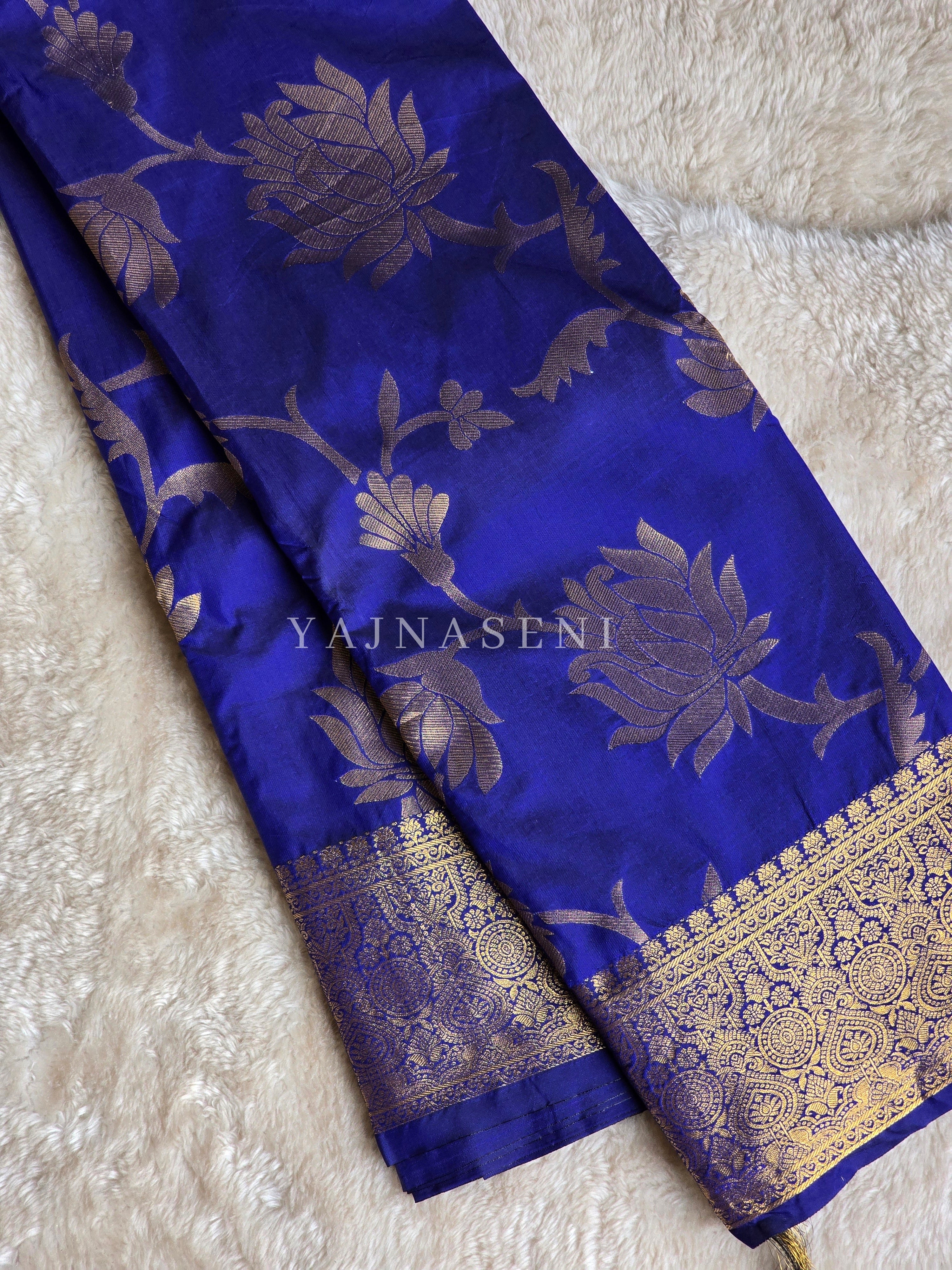 Lotus Motifs x Semi Silk Saree - Royal Blue