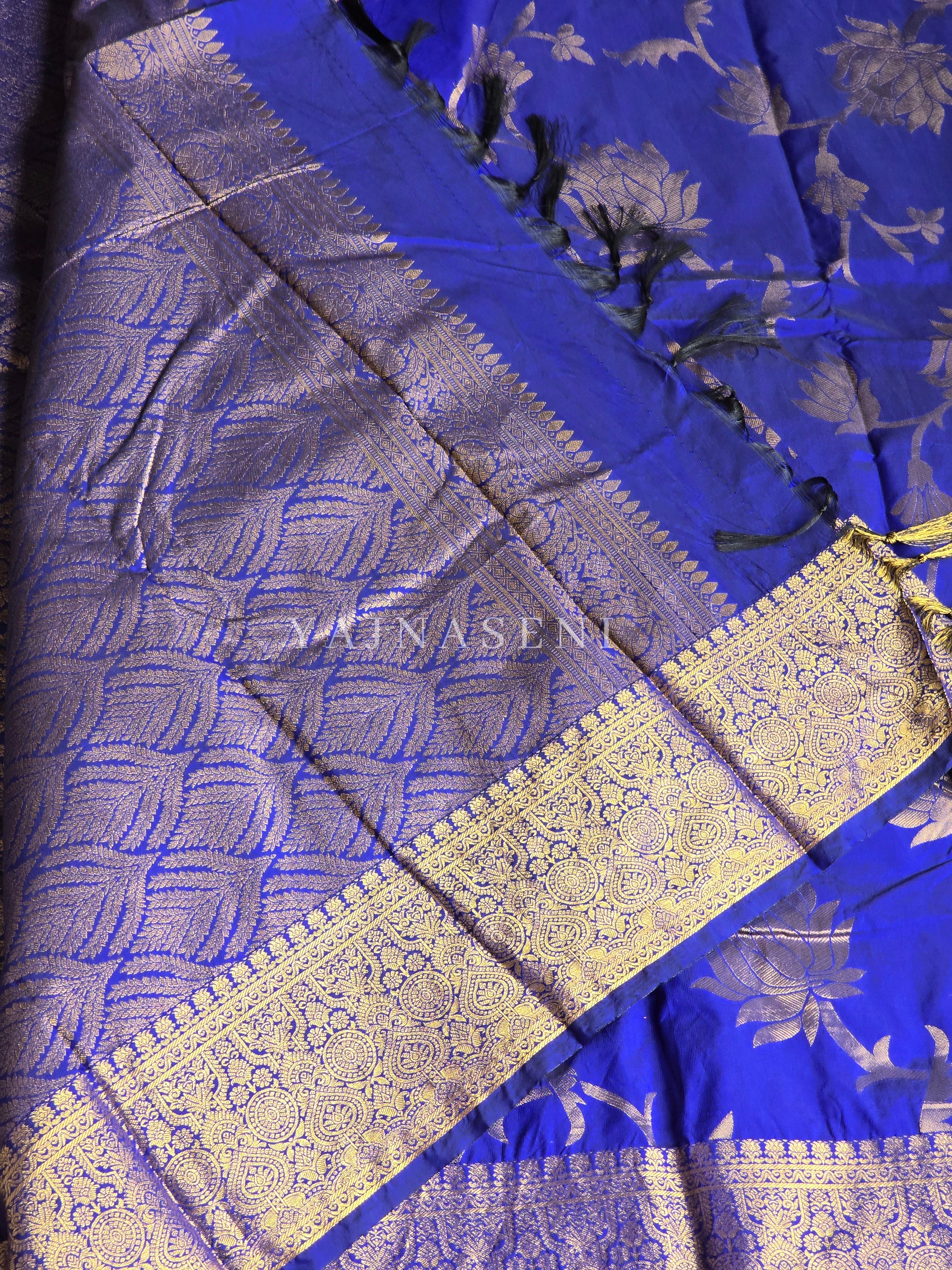 Lotus Motifs x Semi Silk Saree - Royal Blue
