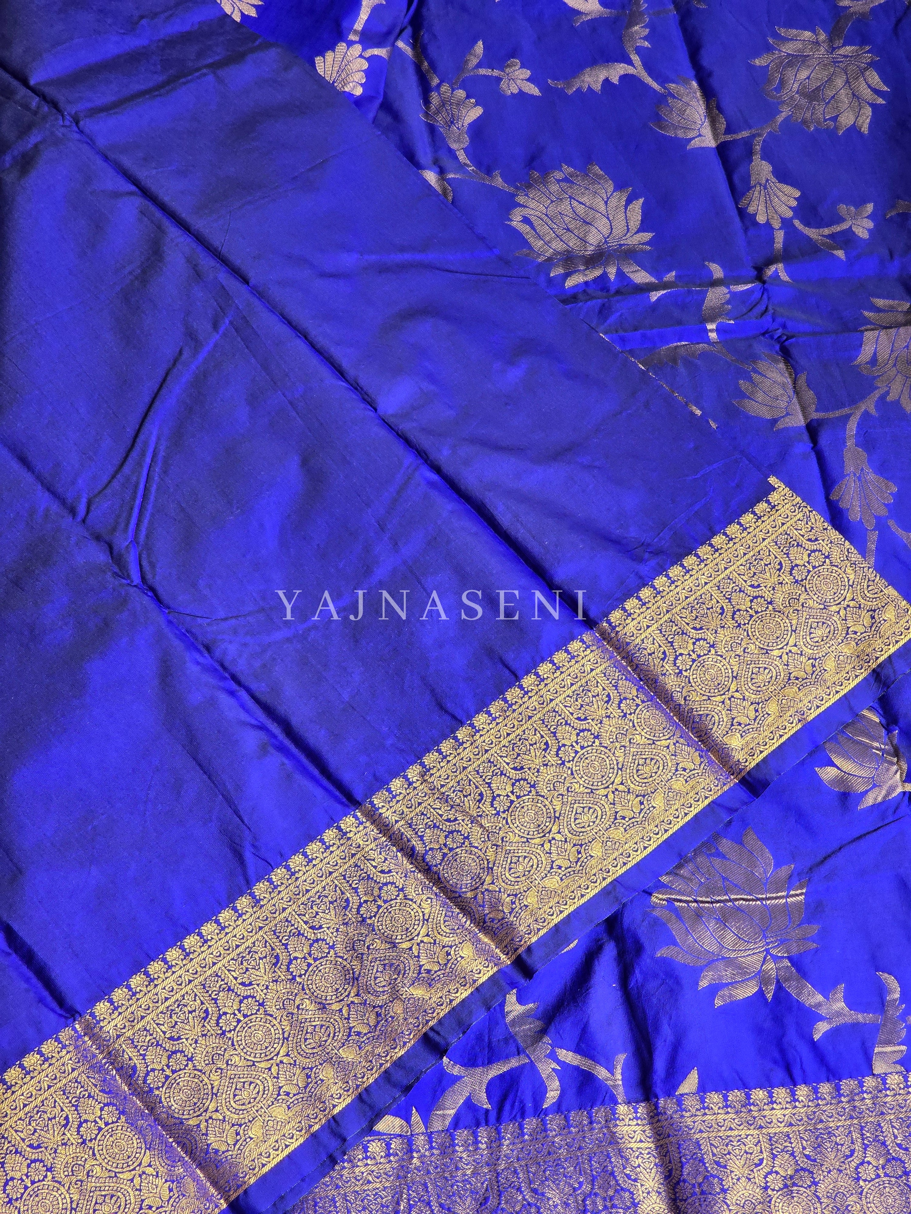 Lotus Motifs x Semi Silk Saree - Royal Blue