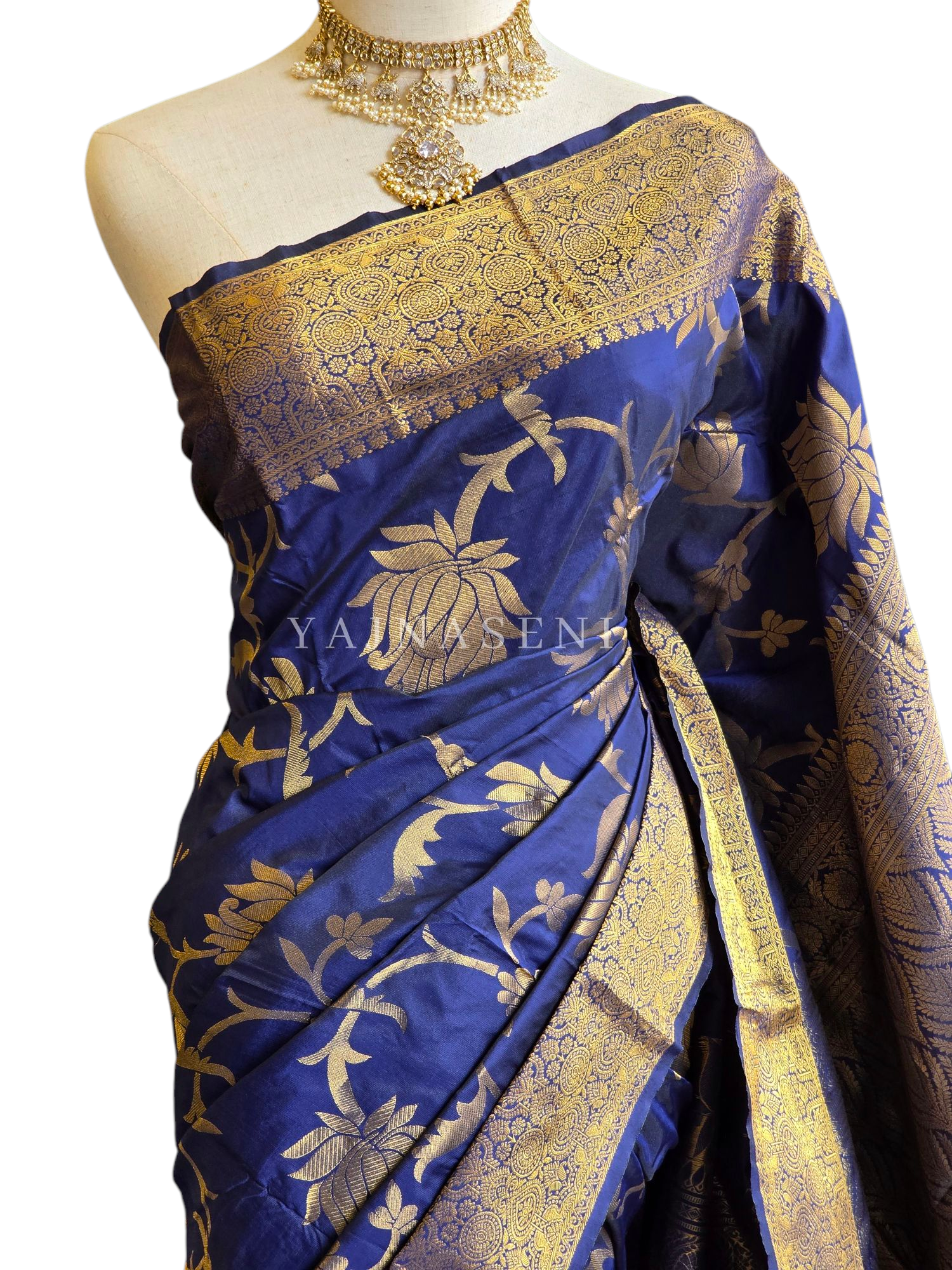 Lotus Motifs x Semi Silk Saree - Dark Blue