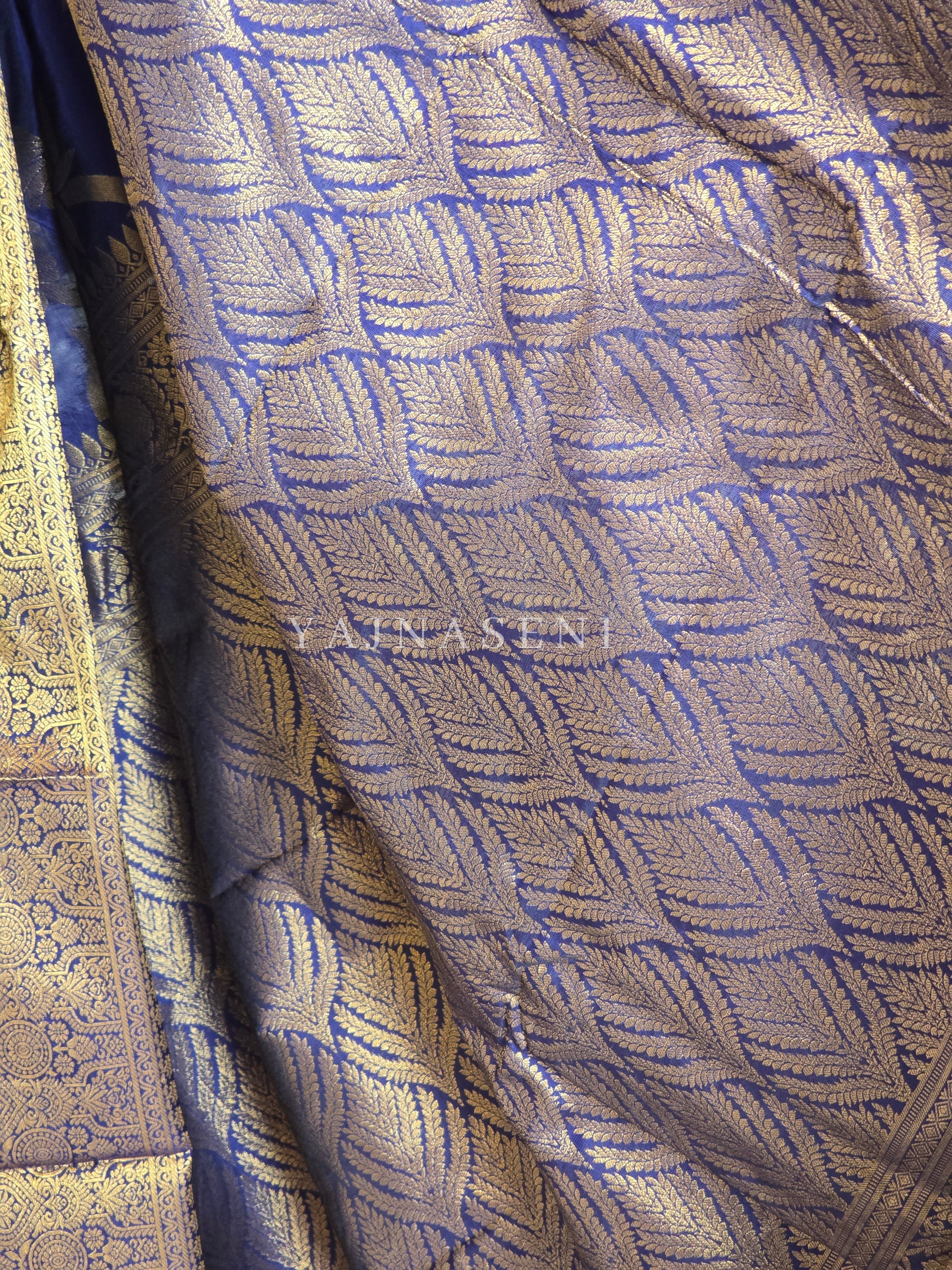 Lotus Motifs x Semi Silk Saree - Dark Blue