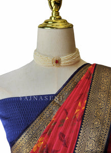 Chiffon Floral Saree x Silk Border - Red x Blue
