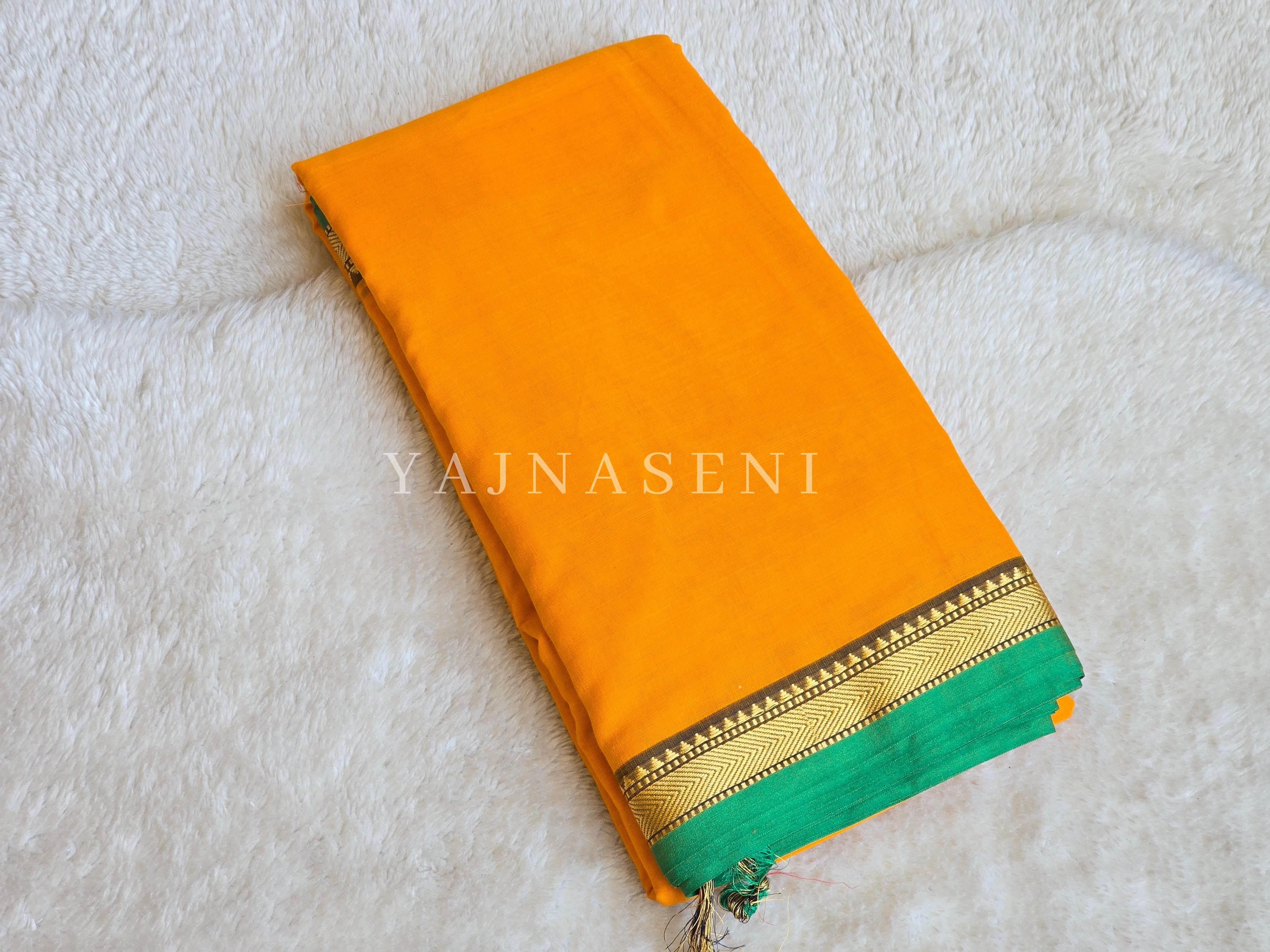 Narayanpet Mercerised Cotton Saree x Thin Border : Mango x Green