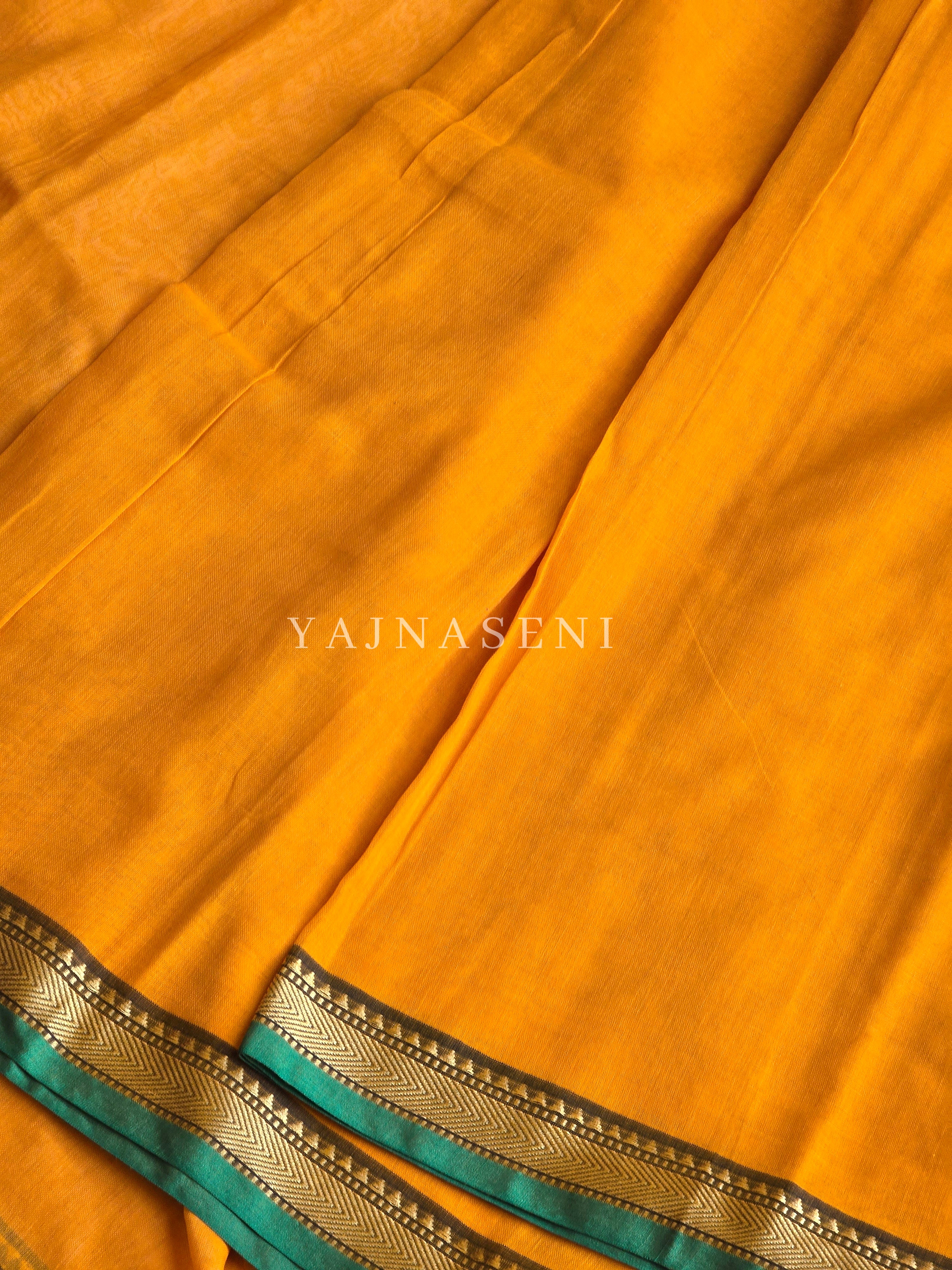 Narayanpet Mercerised Cotton Saree x Thin Border : Mango x Green
