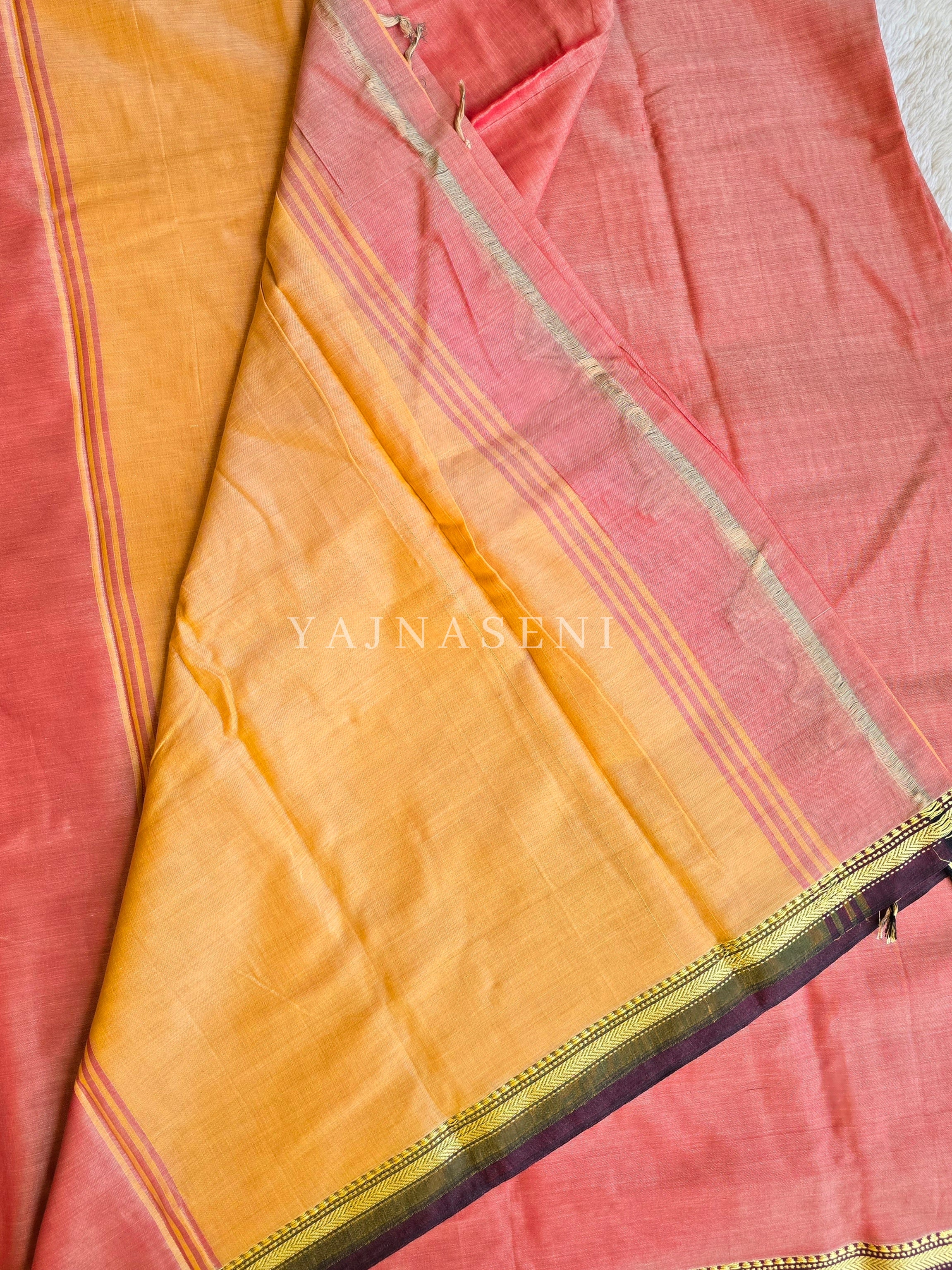 Narayanpet Mercerised Cotton Saree x Thin Border : Dark Peach x Wine