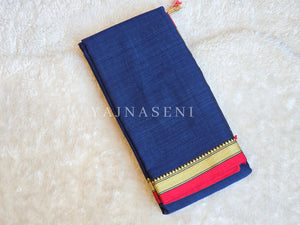 Narayanpet Mercerised Cotton Saree x Thin Border : Dark Blue x Red