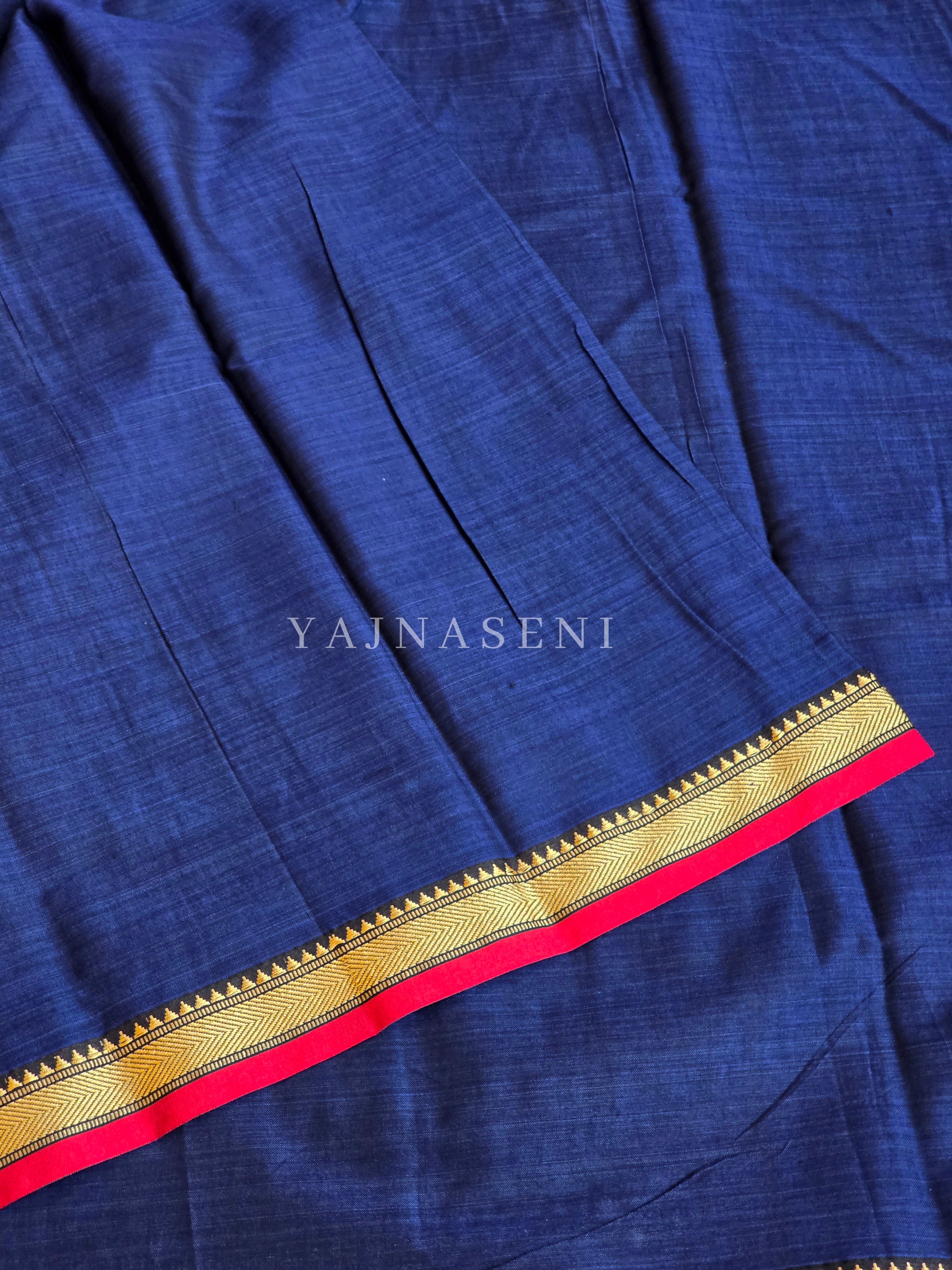 Narayanpet Mercerised Cotton Saree x Thin Border : Dark Blue x Red