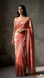 Load image into Gallery viewer, Satina Space Silk Saree x Sequins x Stones : Coral Peach
