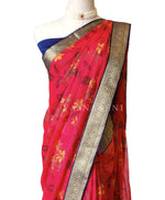 Load image into Gallery viewer, Chiffon Floral Saree x Silk Border - Red x Blue
