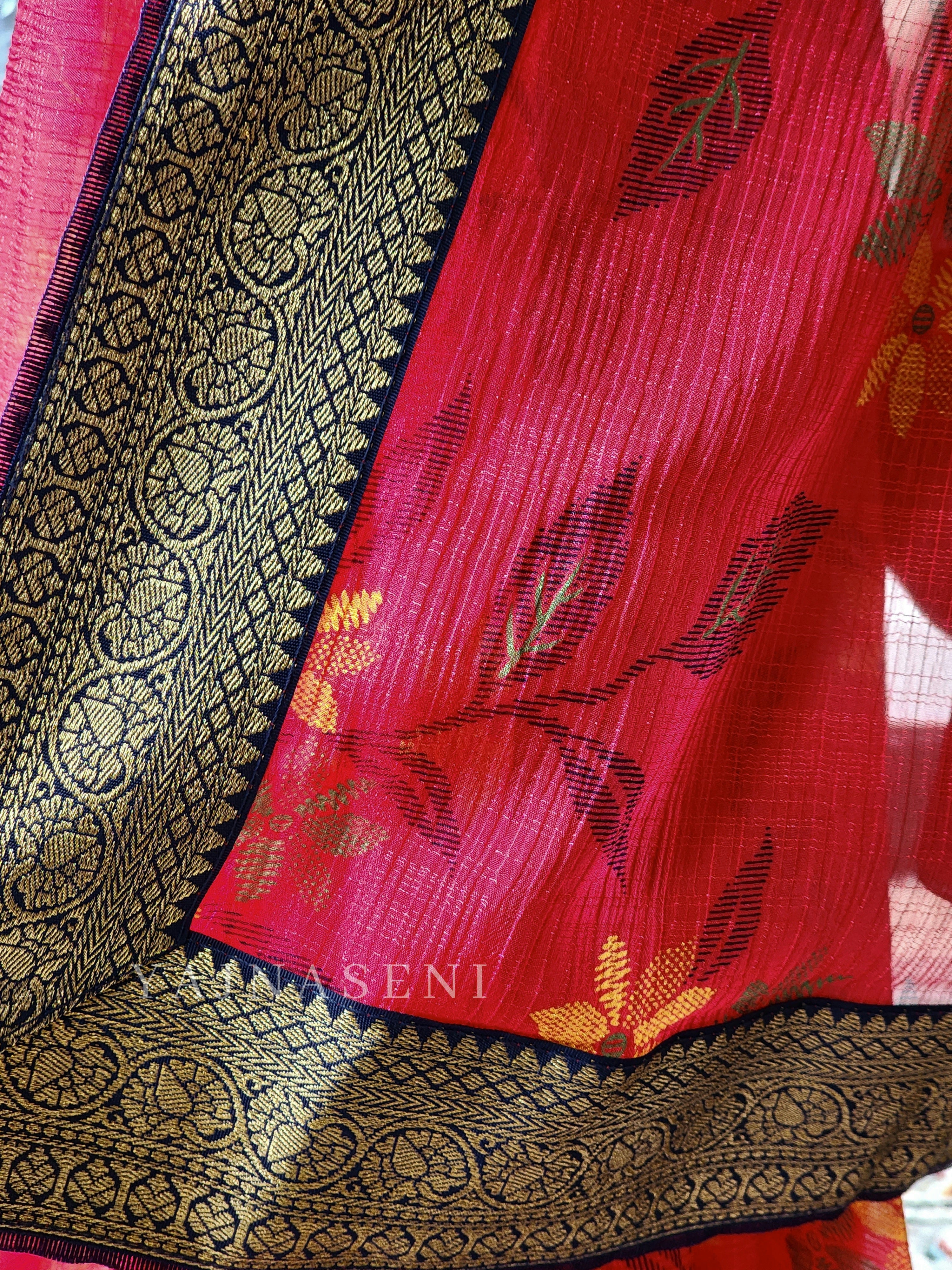 Chiffon Floral Saree x Silk Border - Red x Blue