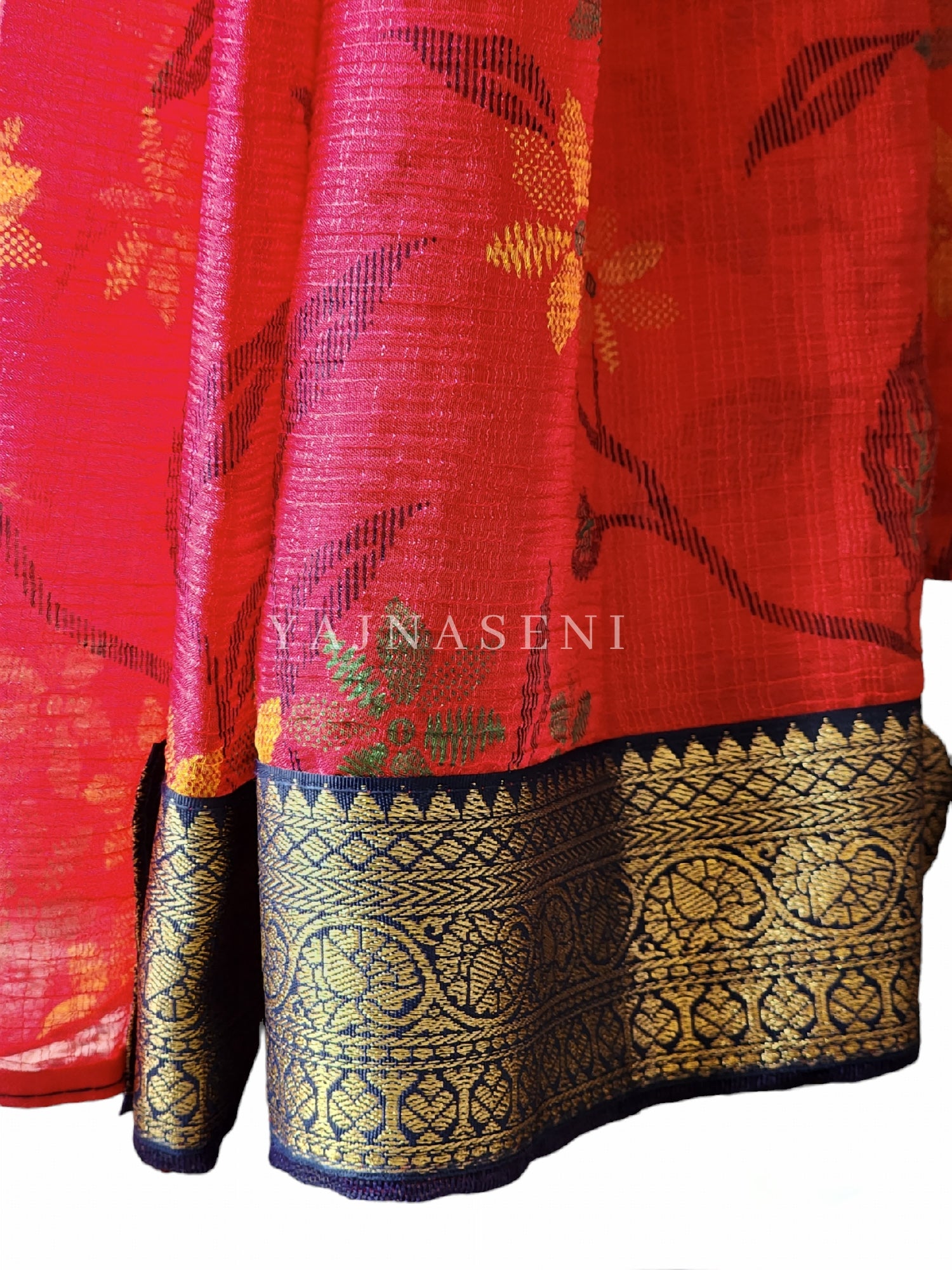 Chiffon Floral Saree x Silk Border - Red x Blue