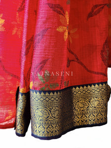 Chiffon Floral Saree x Silk Border - Red x Blue