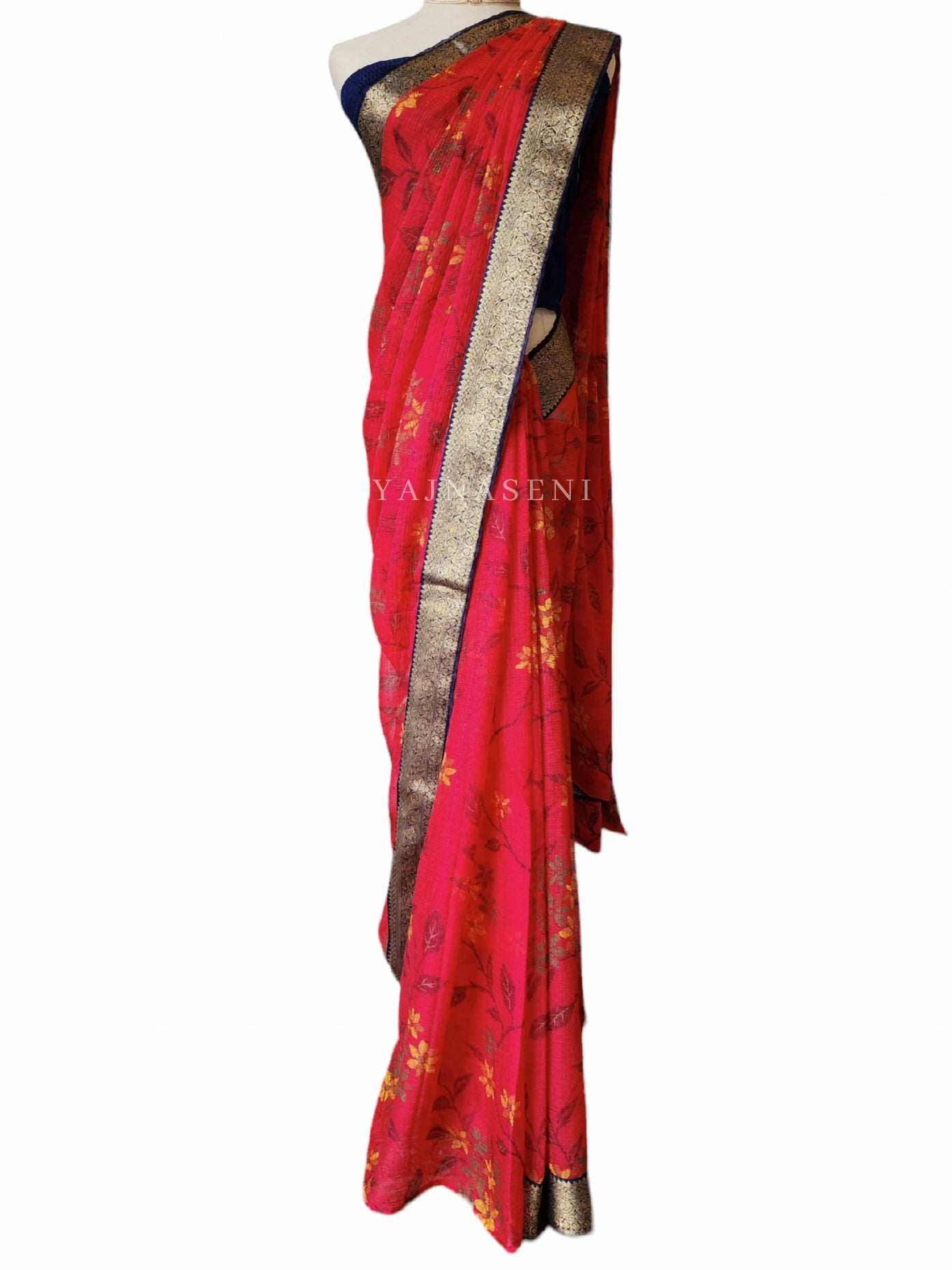 Chiffon Floral Saree x Silk Border - Red x Blue