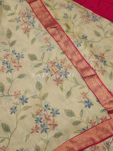 Chiffon Floral Saree x Silk Border - Cream x Pink