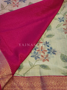Chiffon Floral Saree x Silk Border - Cream x Pink