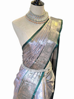Load image into Gallery viewer, Semi Silk x Light Gold Zari Saree - Blue Grey x Green
