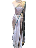 Load image into Gallery viewer, Semi Silk x Light Gold Zari Saree - Blue Grey x Green
