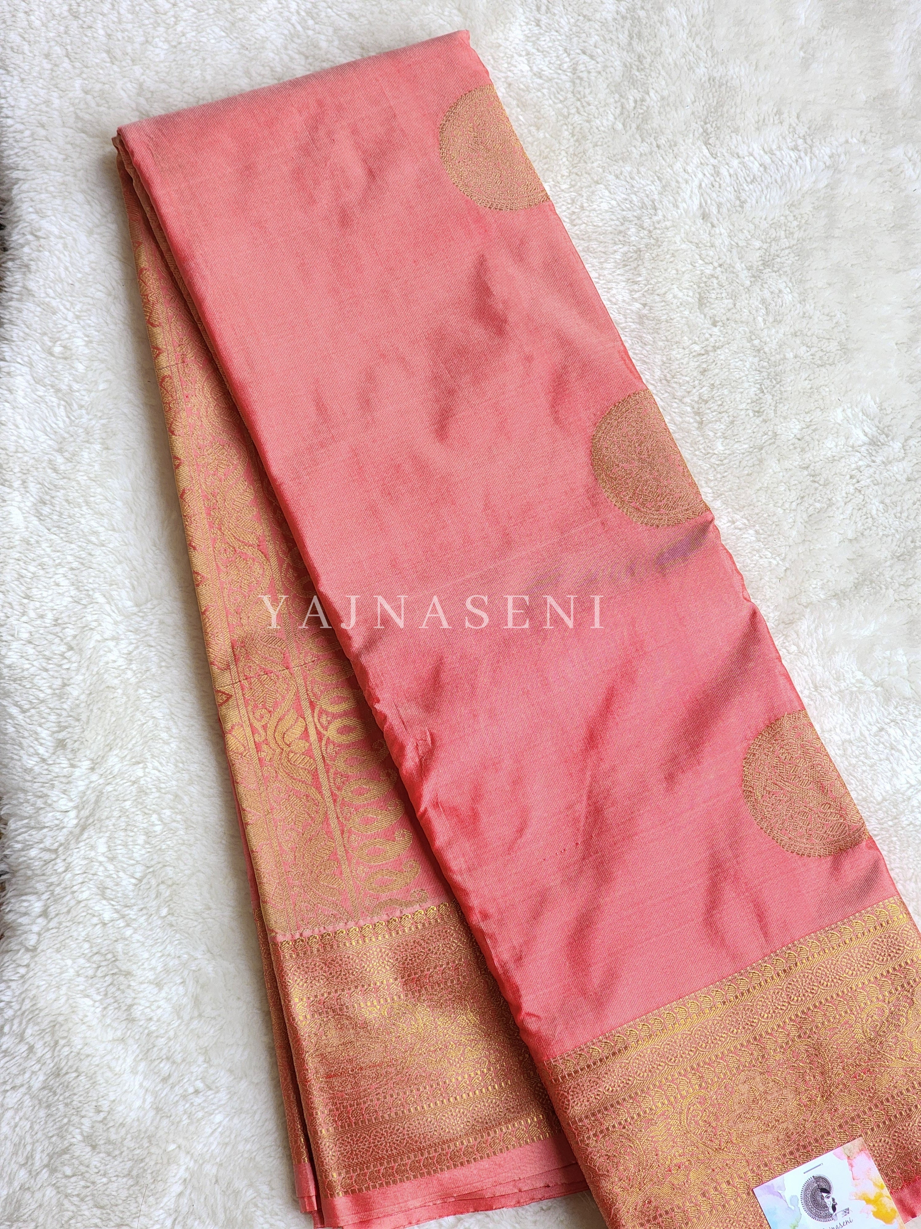 Semi Soft Silk Gold Zari Saree - Coral