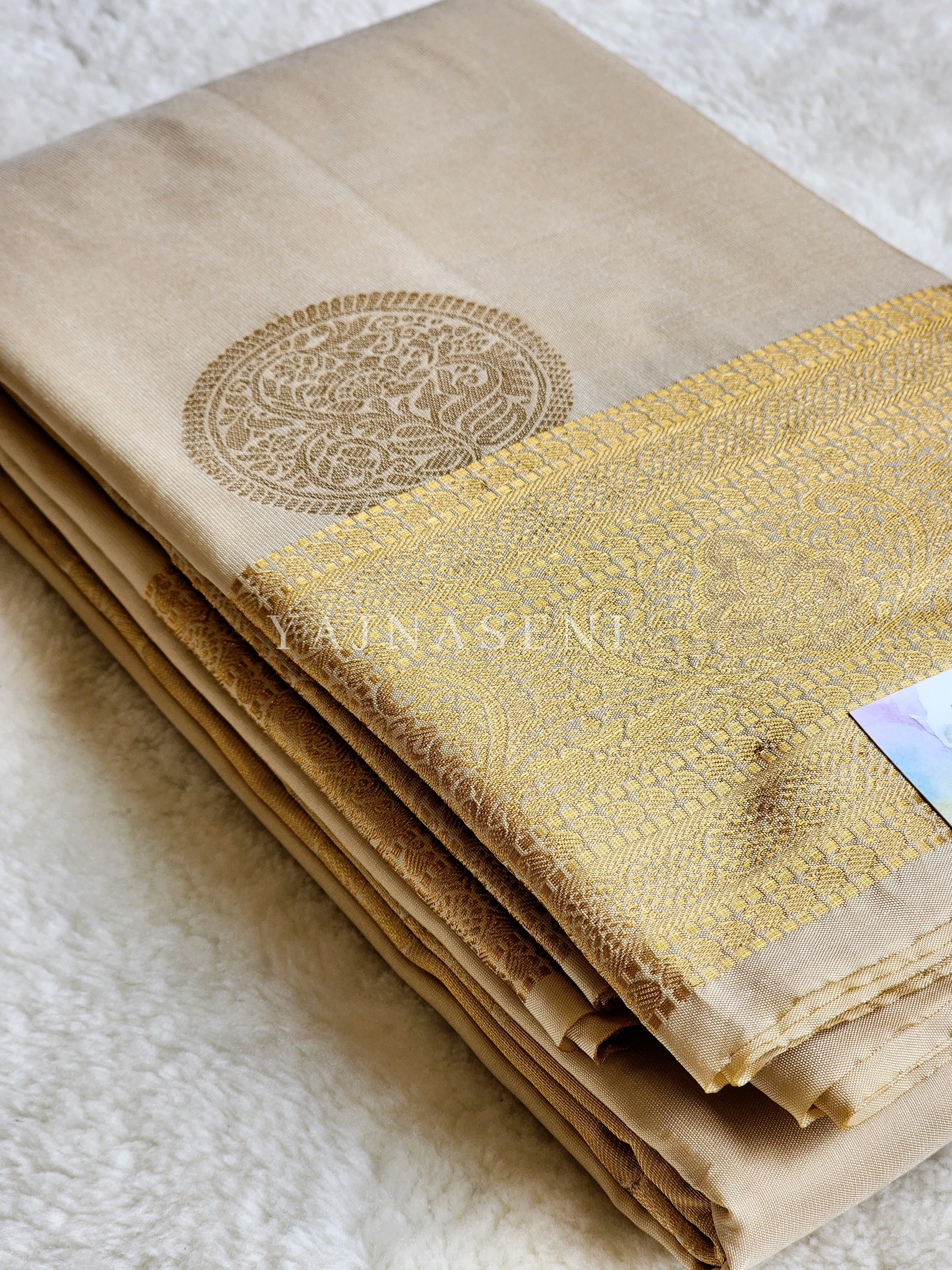 Semi Soft Silk Gold Zari Saree - Cream