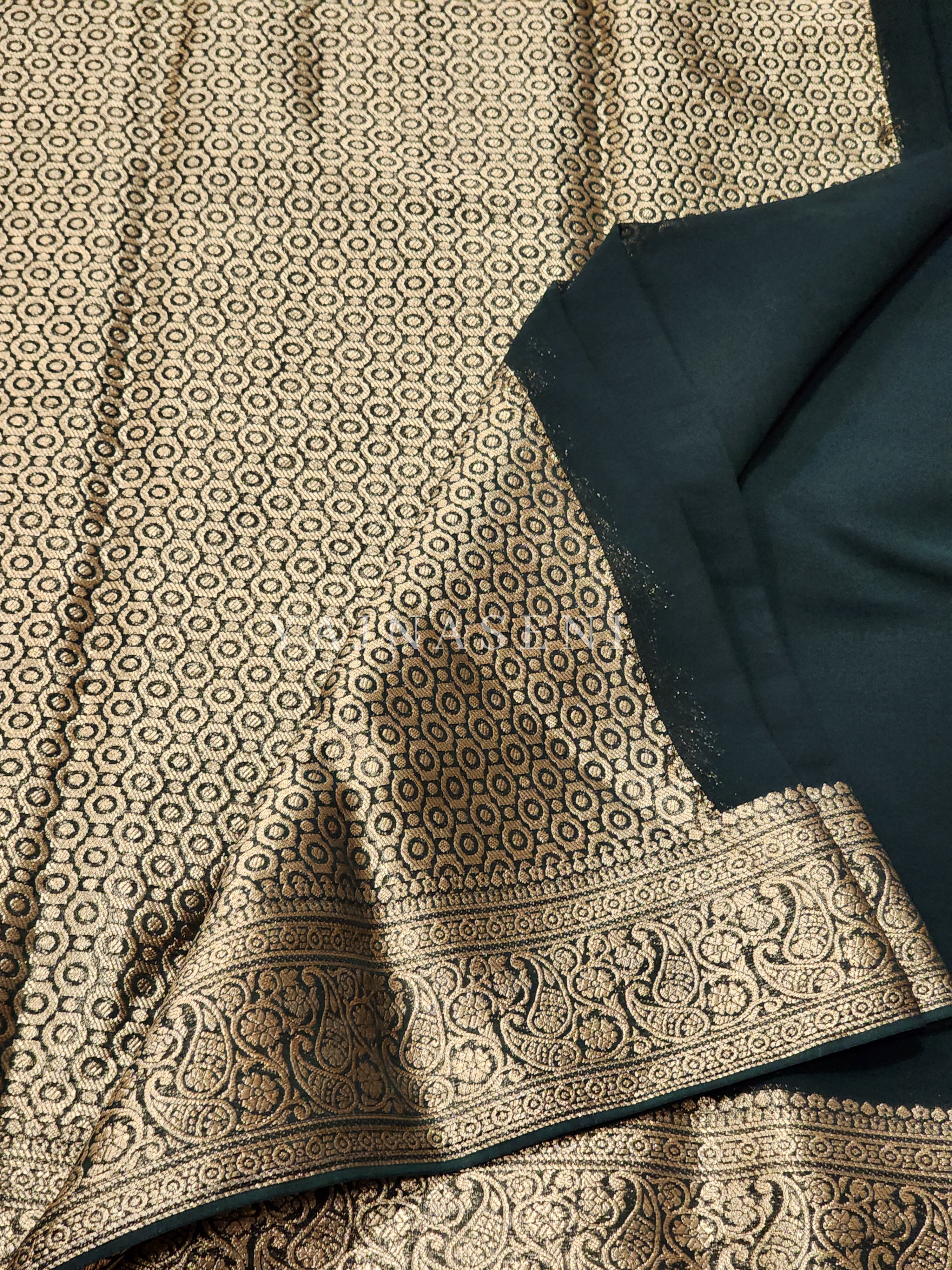 Semi georgette saree x brocade blouse : Green