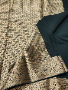Semi georgette saree x brocade blouse : Green