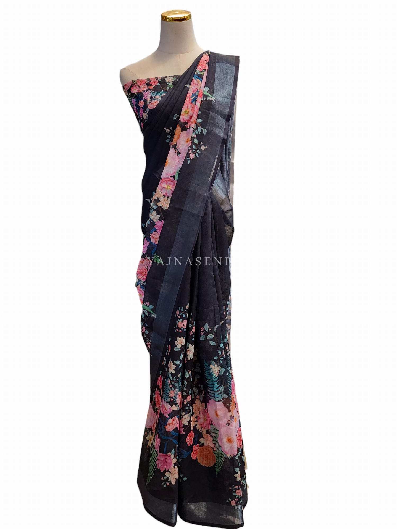 Floral Linen Saree - Black