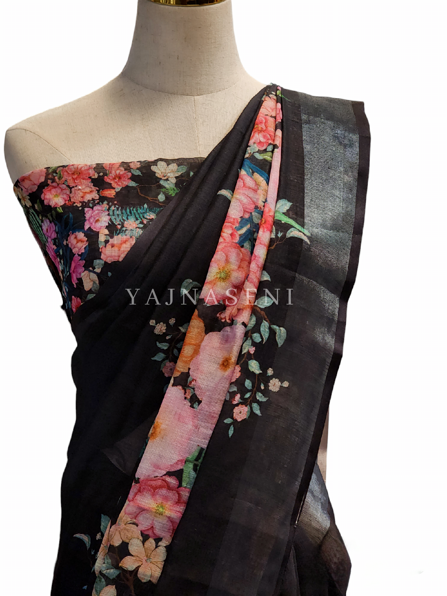 Floral Linen Saree - Black