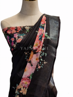 Load image into Gallery viewer, Floral Linen Saree - Black
