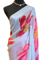 Load image into Gallery viewer, Floral x Chiffon Saree : White x Light Red
