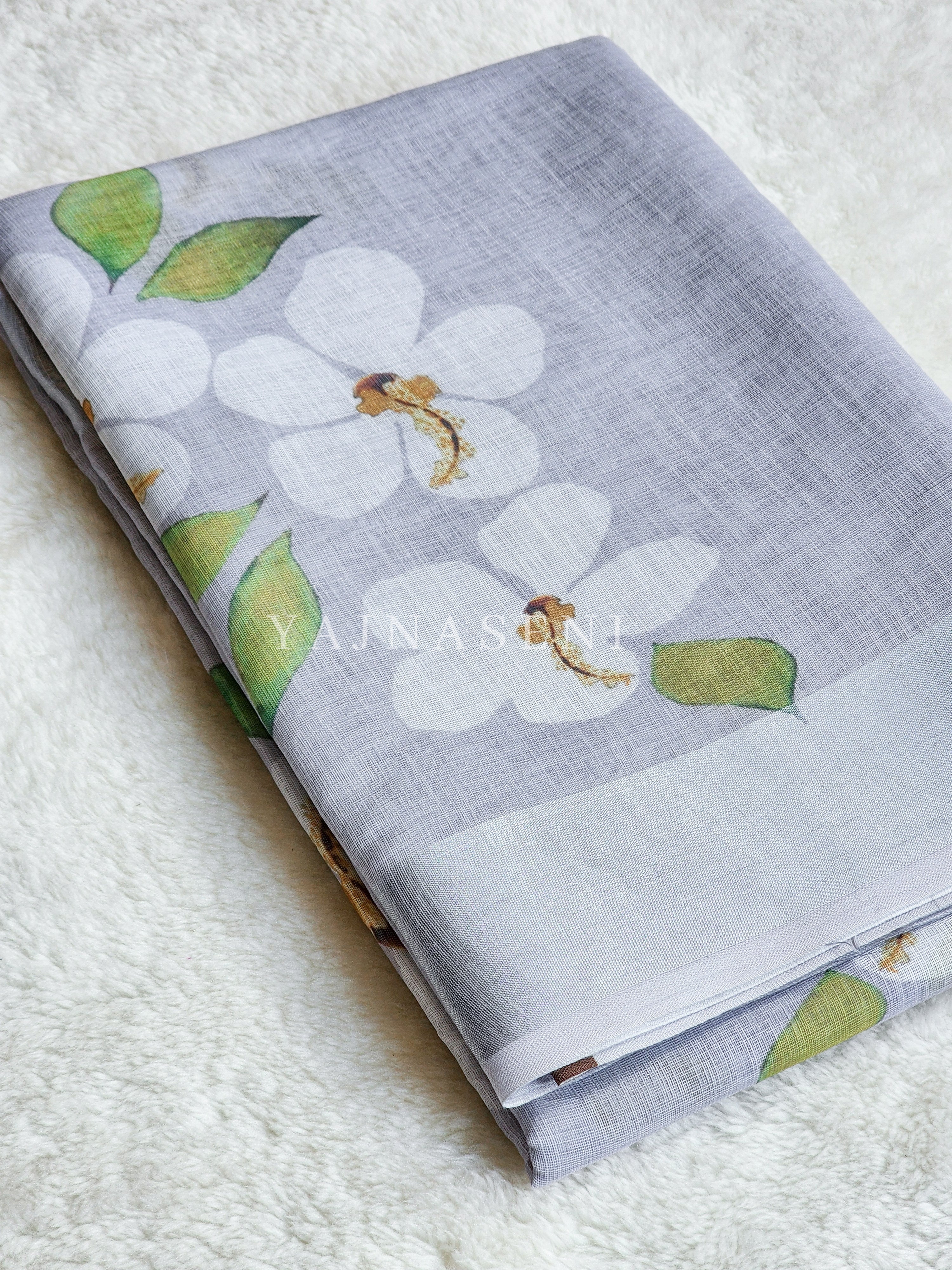 Floral x Linen Cotton Saree - Light Grey