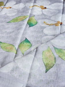 Floral x Linen Cotton Saree - Light Grey
