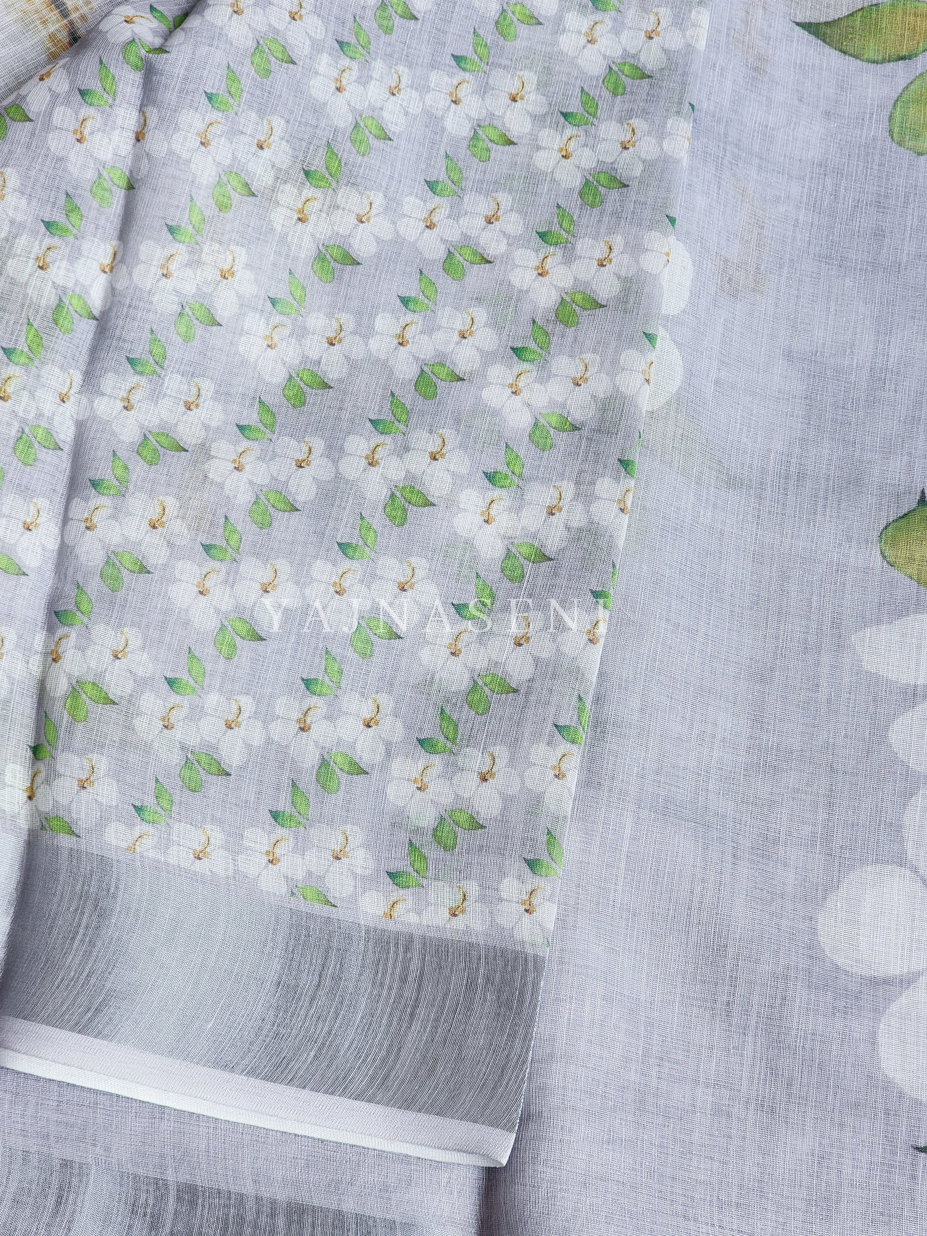 Floral x Linen Cotton Saree - Light Grey