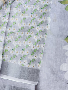 Floral x Linen Cotton Saree - Light Grey