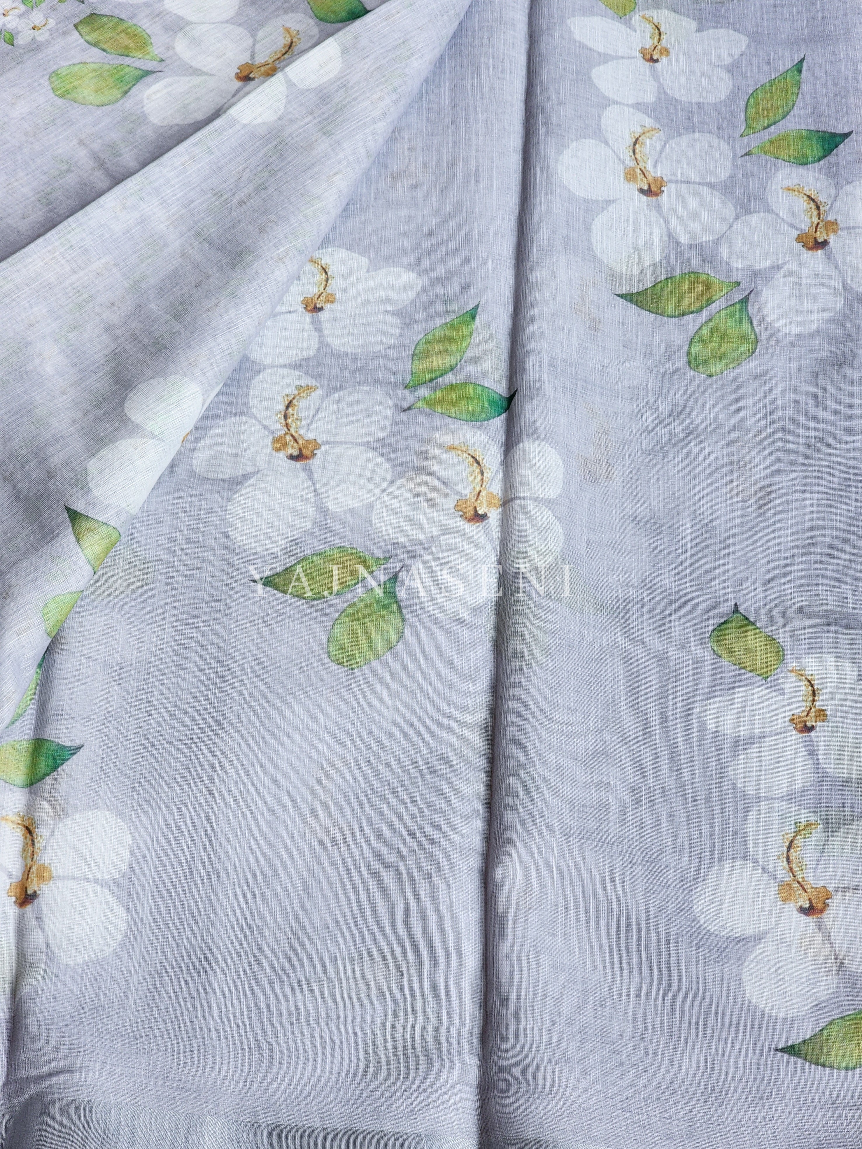 Floral x Linen Cotton Saree - Light Grey