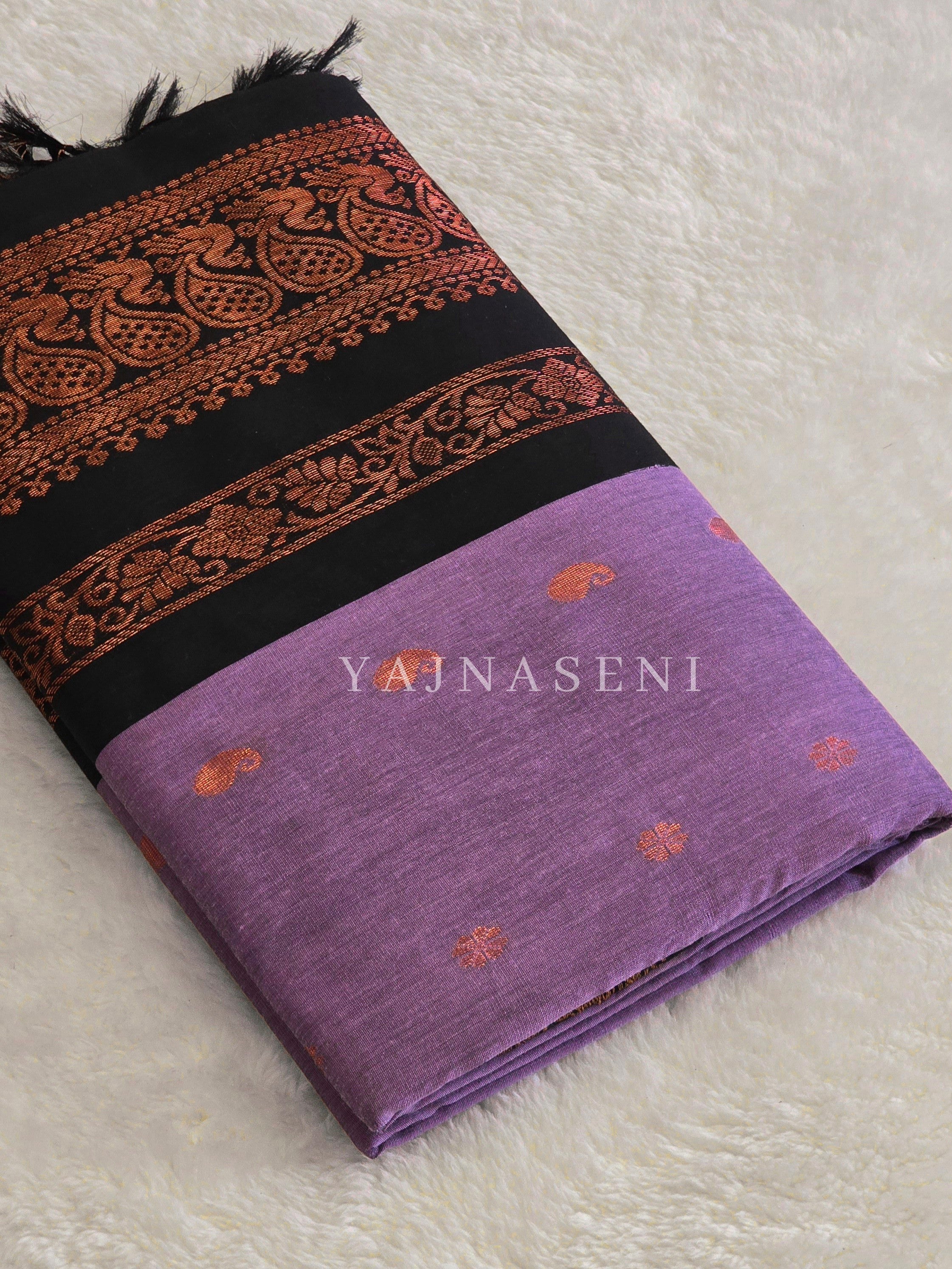Kalyani Cotton Saree - Rosegold Zari : Light purple x Black