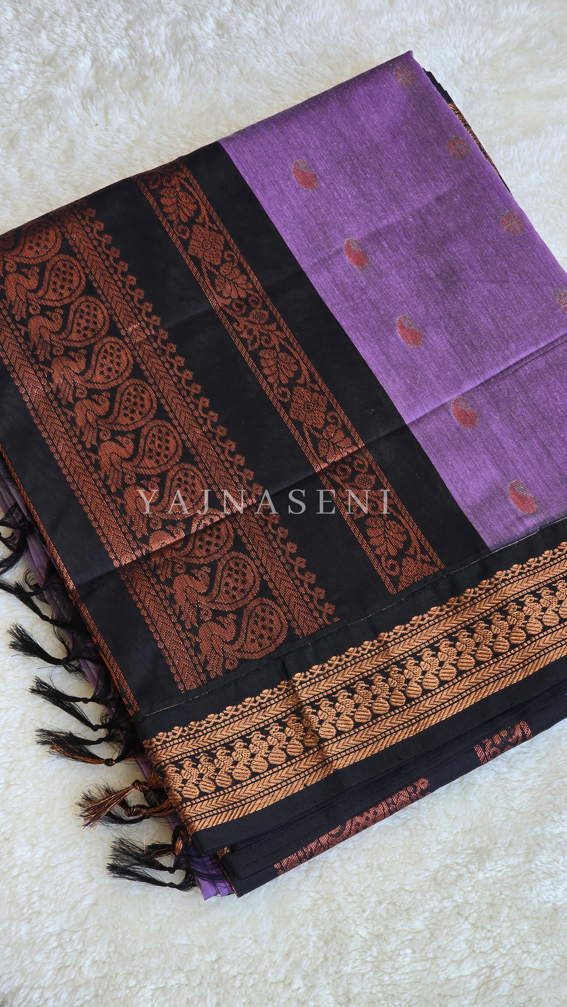 Kalyani Cotton Saree - Rosegold Zari : Light purple x Black