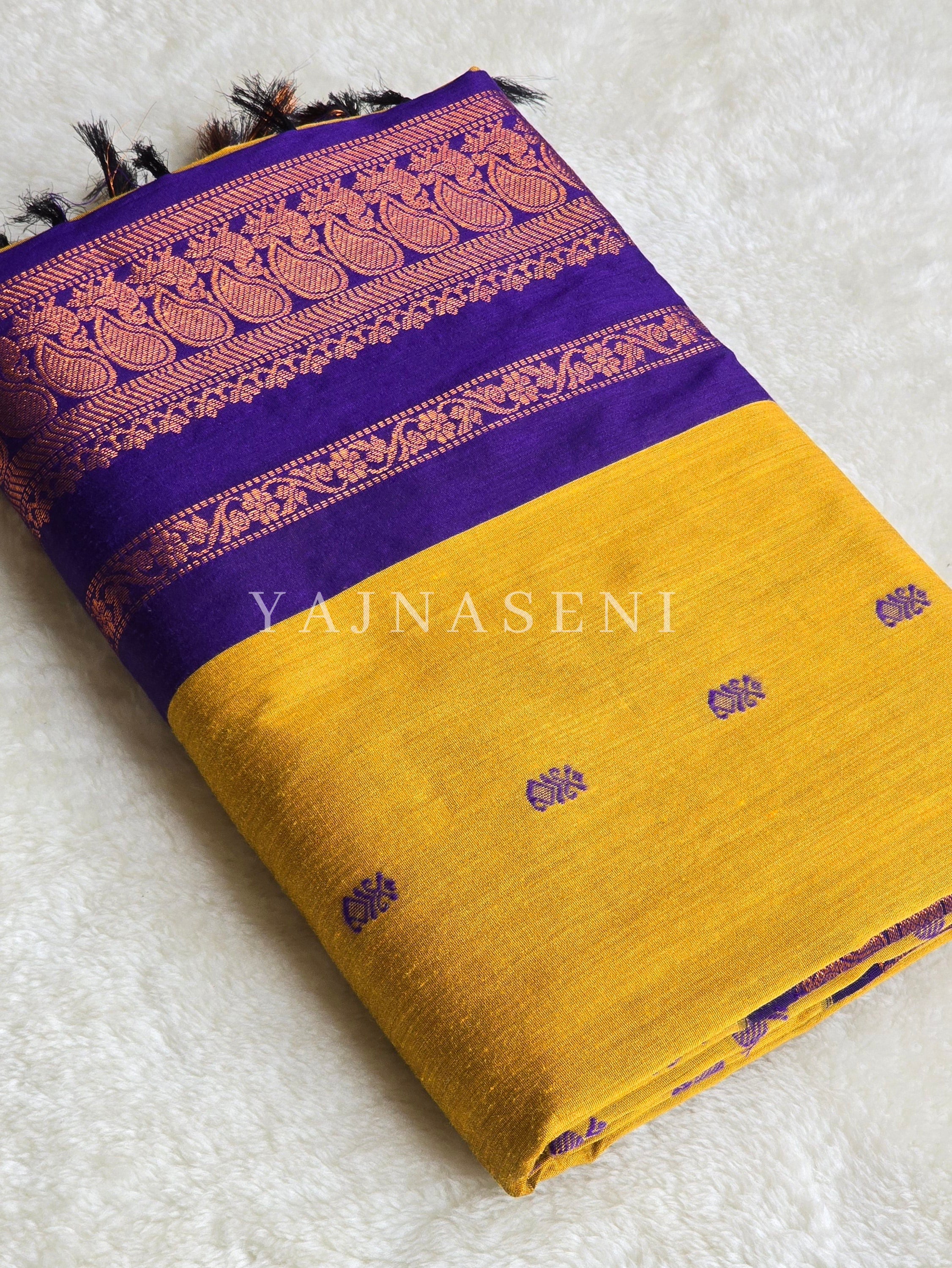 Kalyani Cotton Saree - Copper Zari : Mustard x Purple