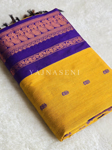 Kalyani Cotton Saree - Copper Zari : Mustard x Purple