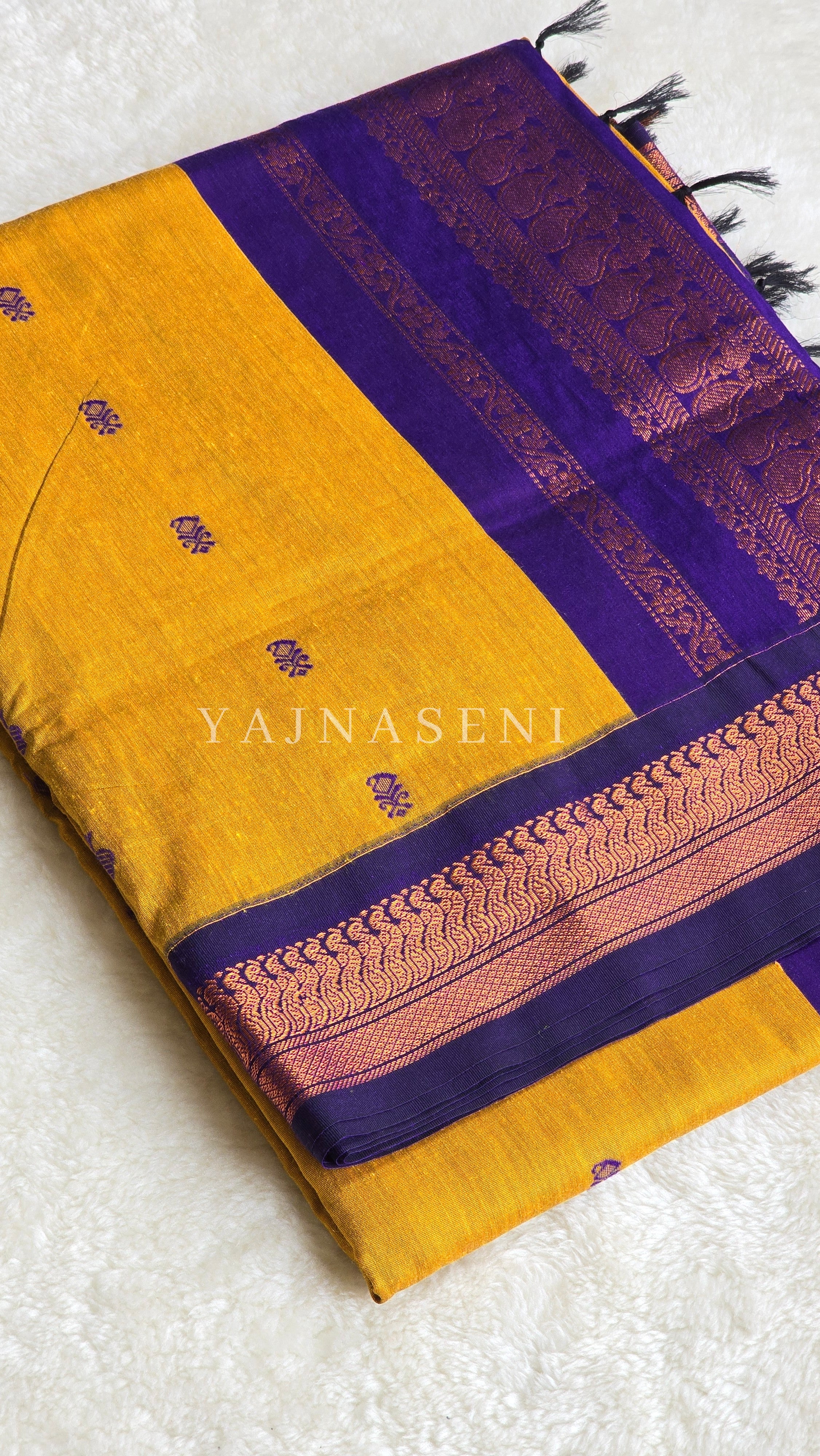 Kalyani Cotton Saree - Copper Zari : Mustard x Purple