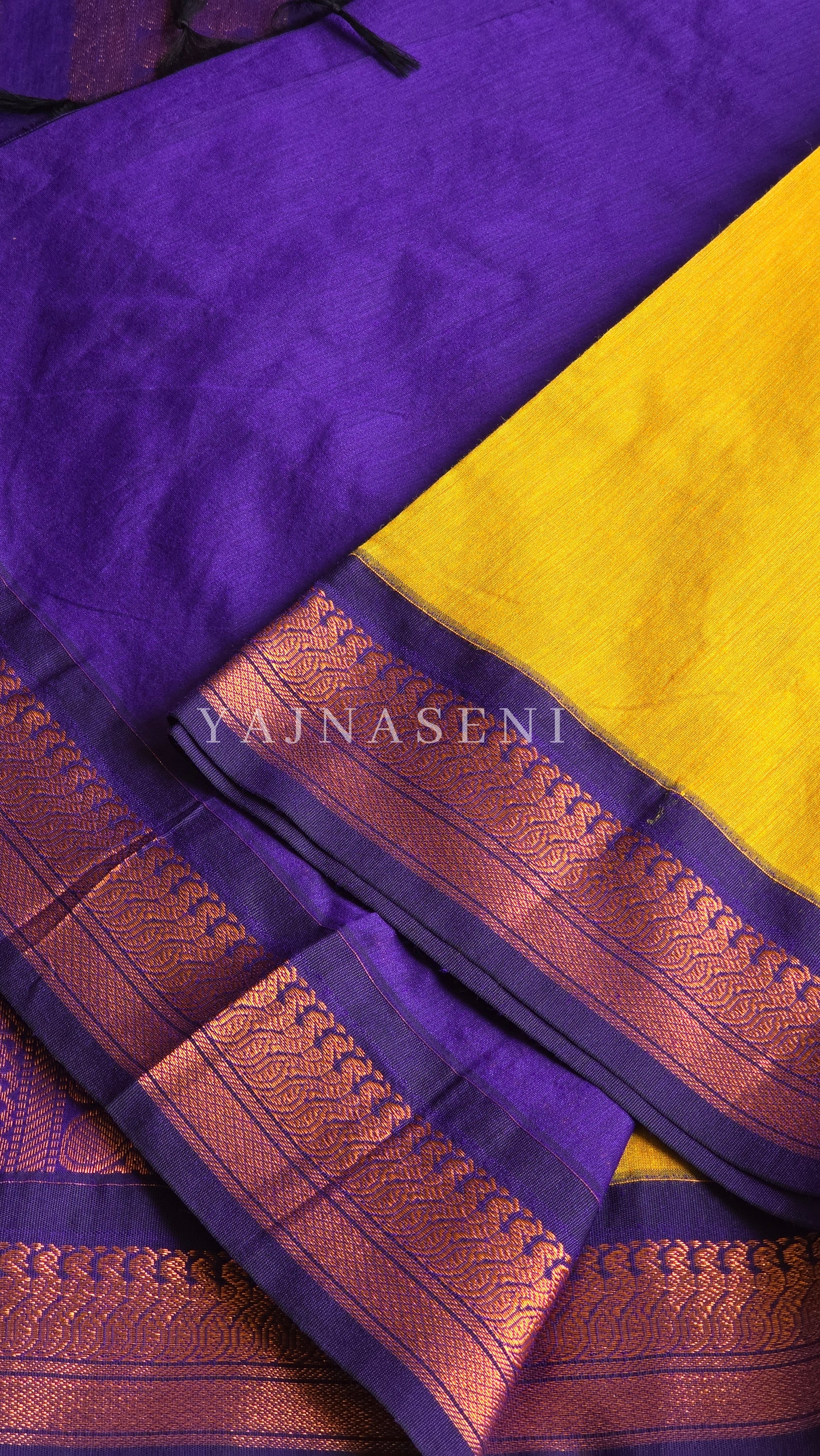 Kalyani Cotton Saree - Copper Zari : Mustard x Purple