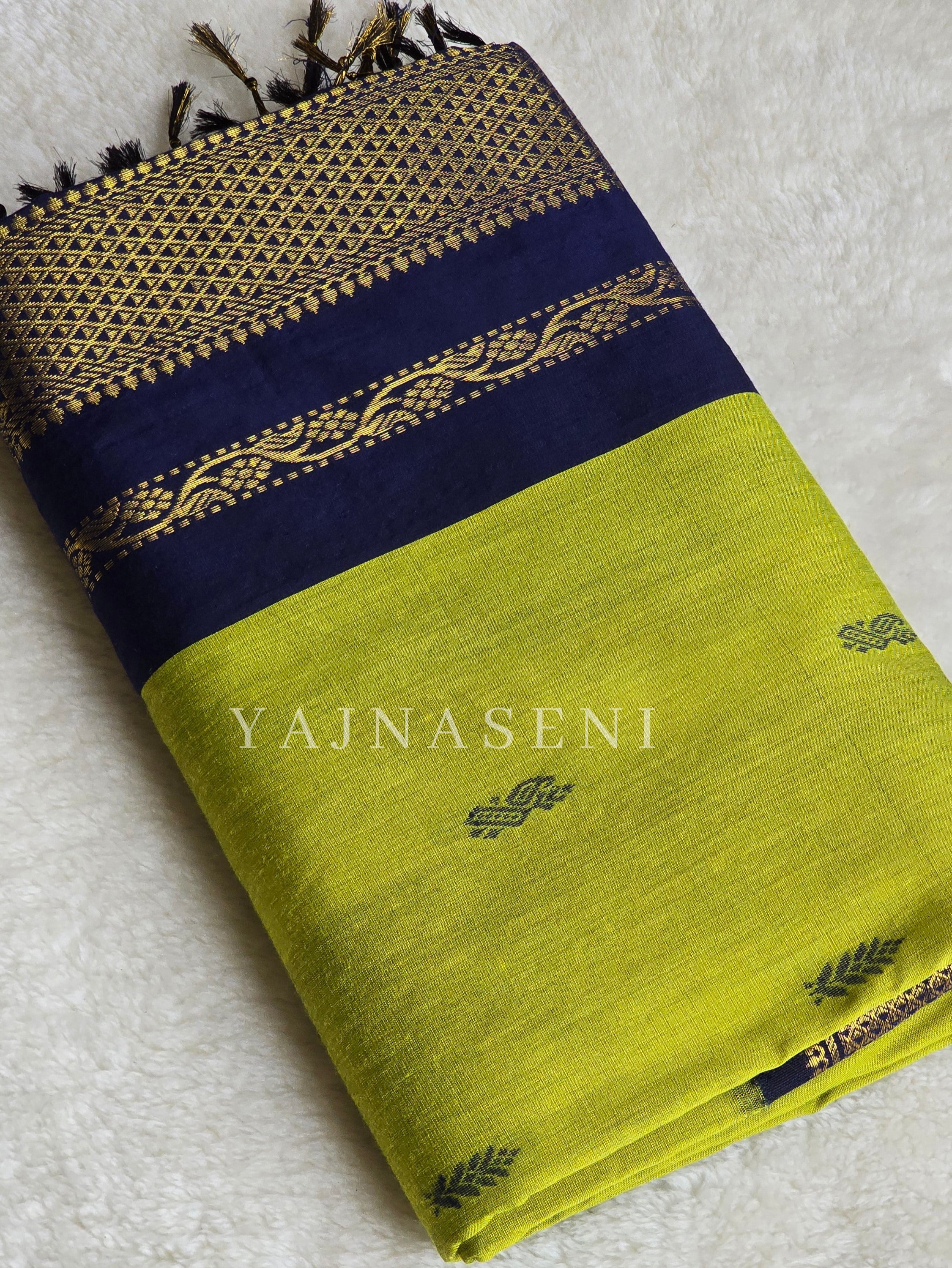 Kalyani Cotton Saree - Gold Zari : Lime Green x Dark Blue