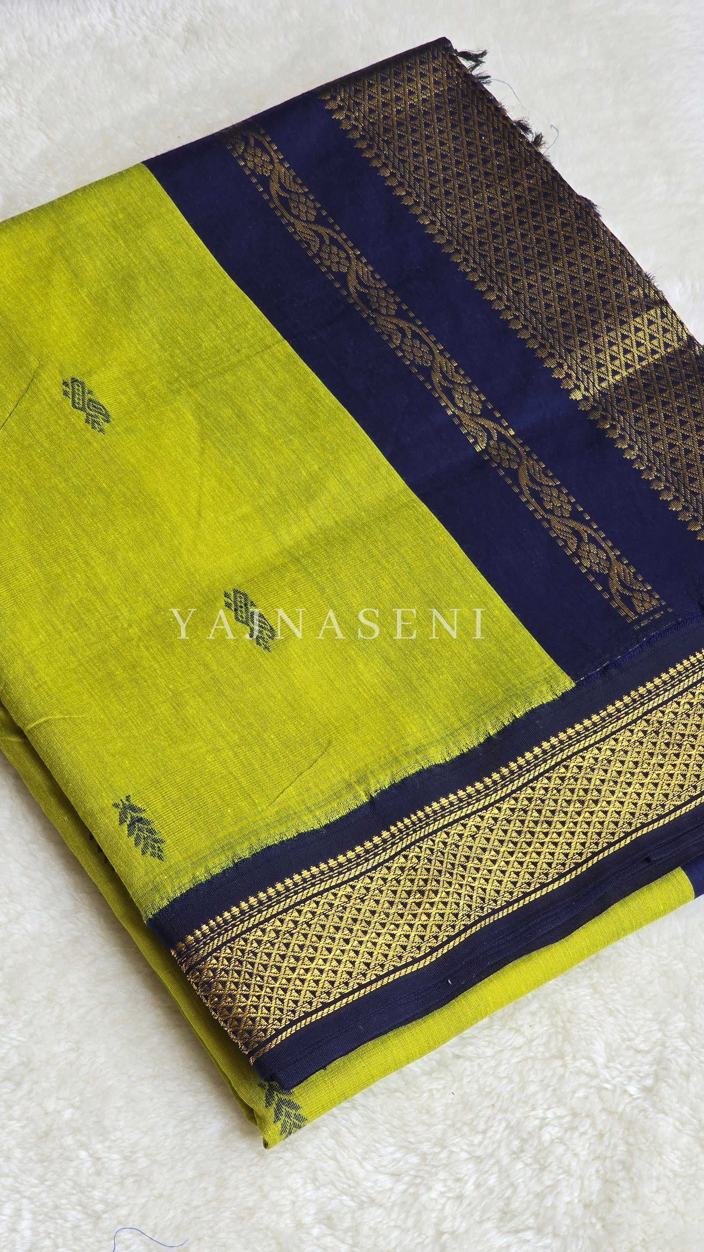 Kalyani Cotton Saree - Gold Zari : Lime Green x Dark Blue